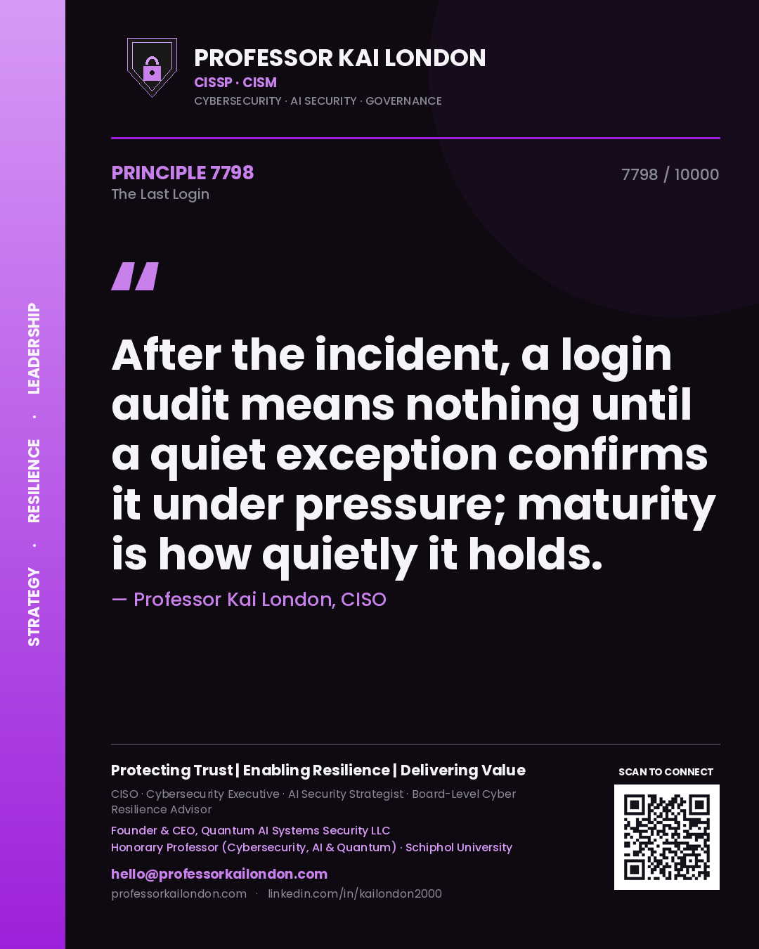 Quote card by Professor Kai London reading 'After the incident, a login audit means nothing until a quiet exception confirms it under pressure; maturity is how quietly it holds.'. From the book The Last Login.