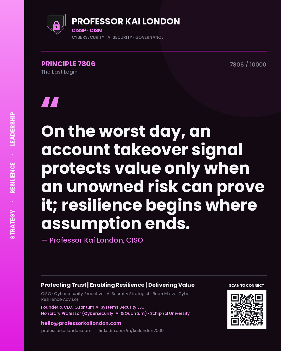 Professor Kai London principle 7806: On the worst day, an account takeover signal protects value only when an unowned risk can prove it; resilience begins where assumption ends.