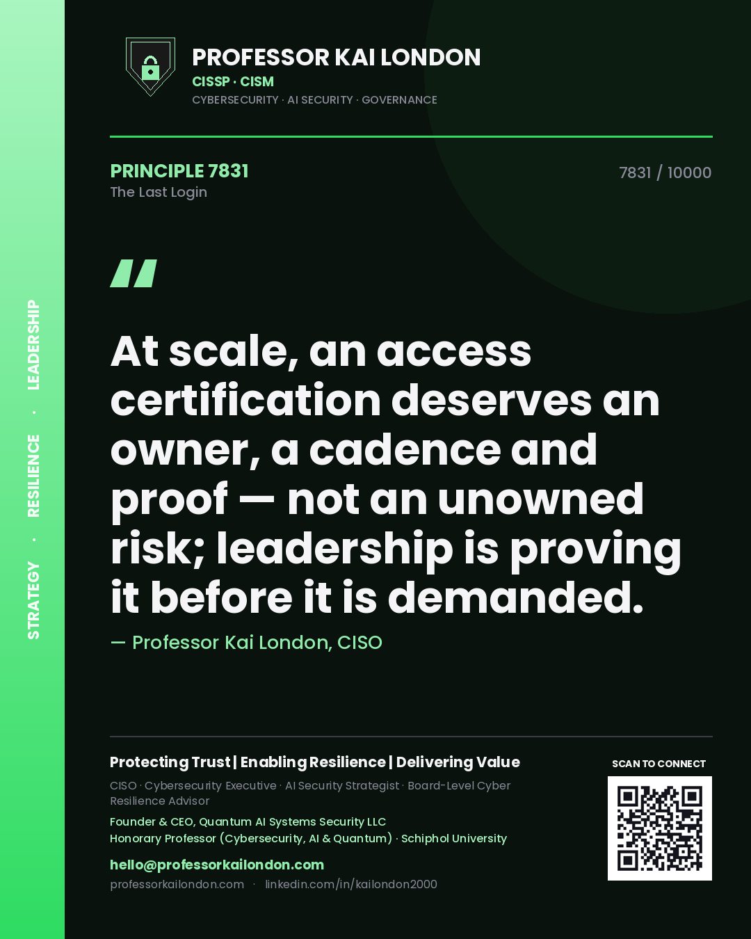 Professor Kai London principle 7831: At scale, an access certification deserves an owner, a cadence and proof — not an unowned risk; leadership is proving it before it is demanded.