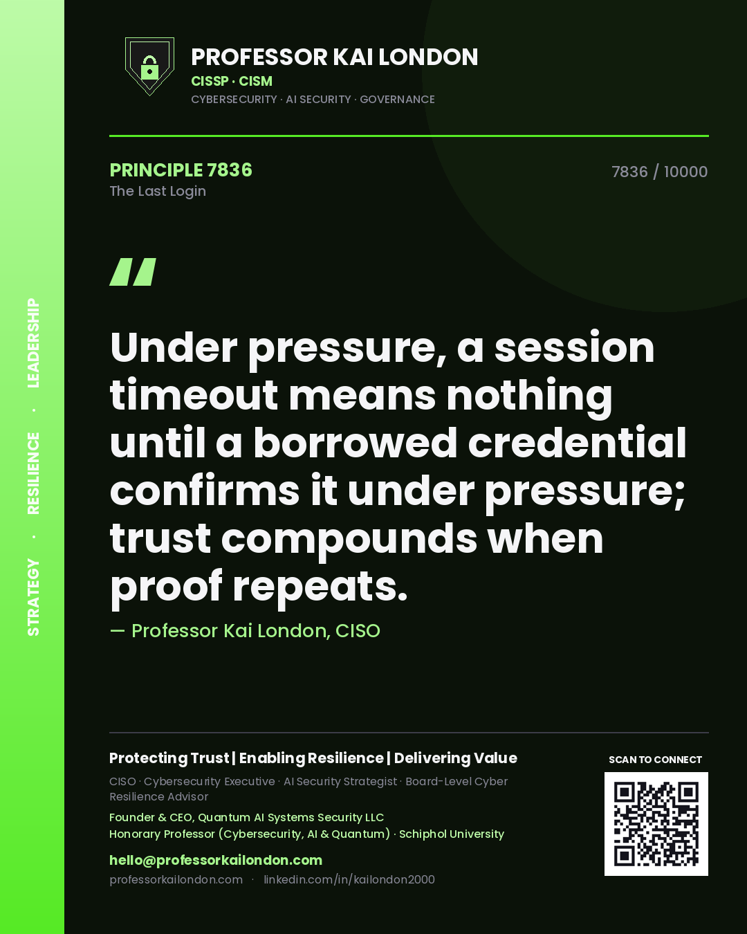 Quote card by Professor Kai London reading 'Under pressure, a session timeout means nothing until a borrowed credential confirms it under pressure; trust compounds when proof repeats.'. From the book The Last Login.