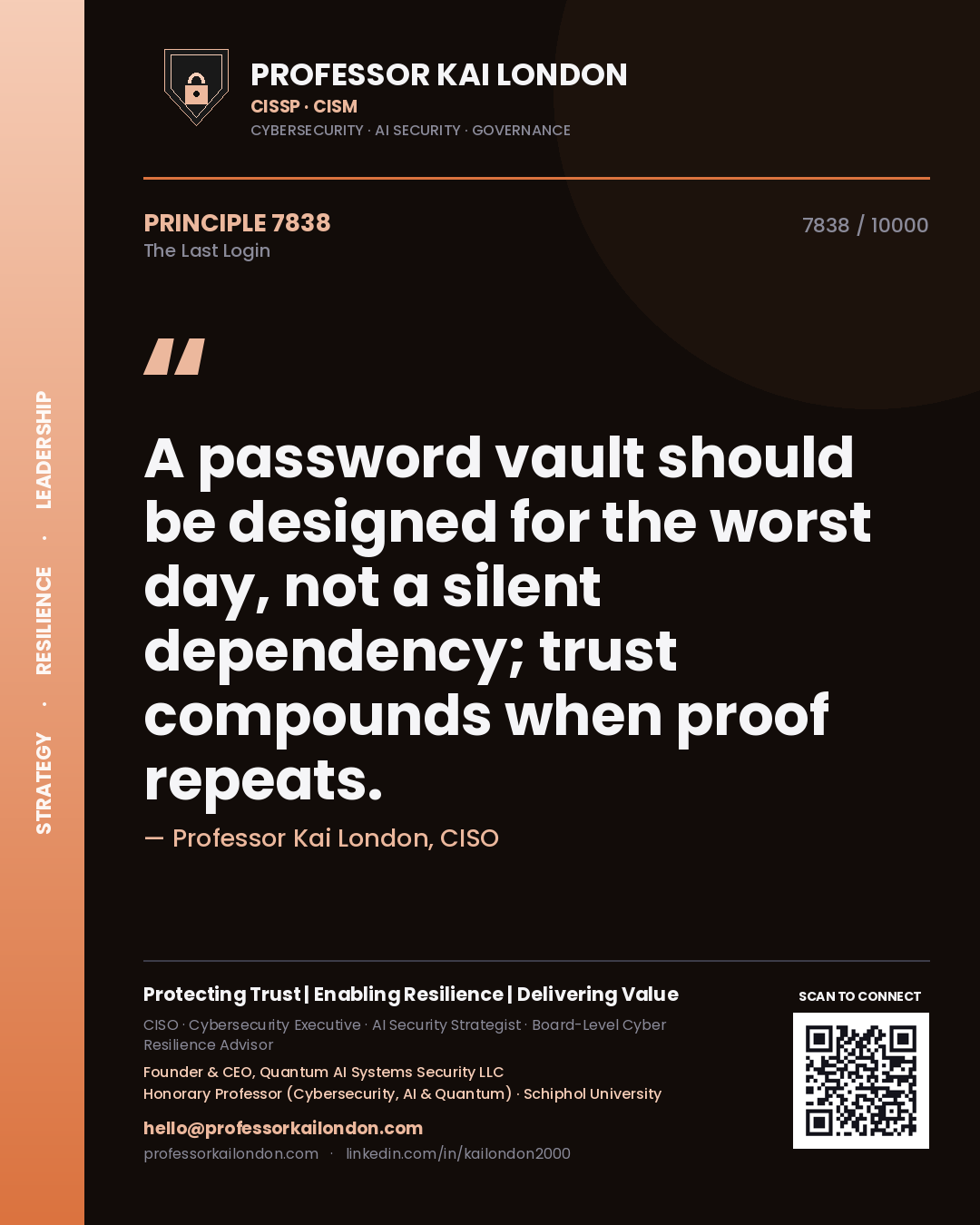 Quote card by Professor Kai London reading 'A password vault should be designed for the worst day, not a silent dependency; trust compounds when proof repeats.'. From the book The Last Login.