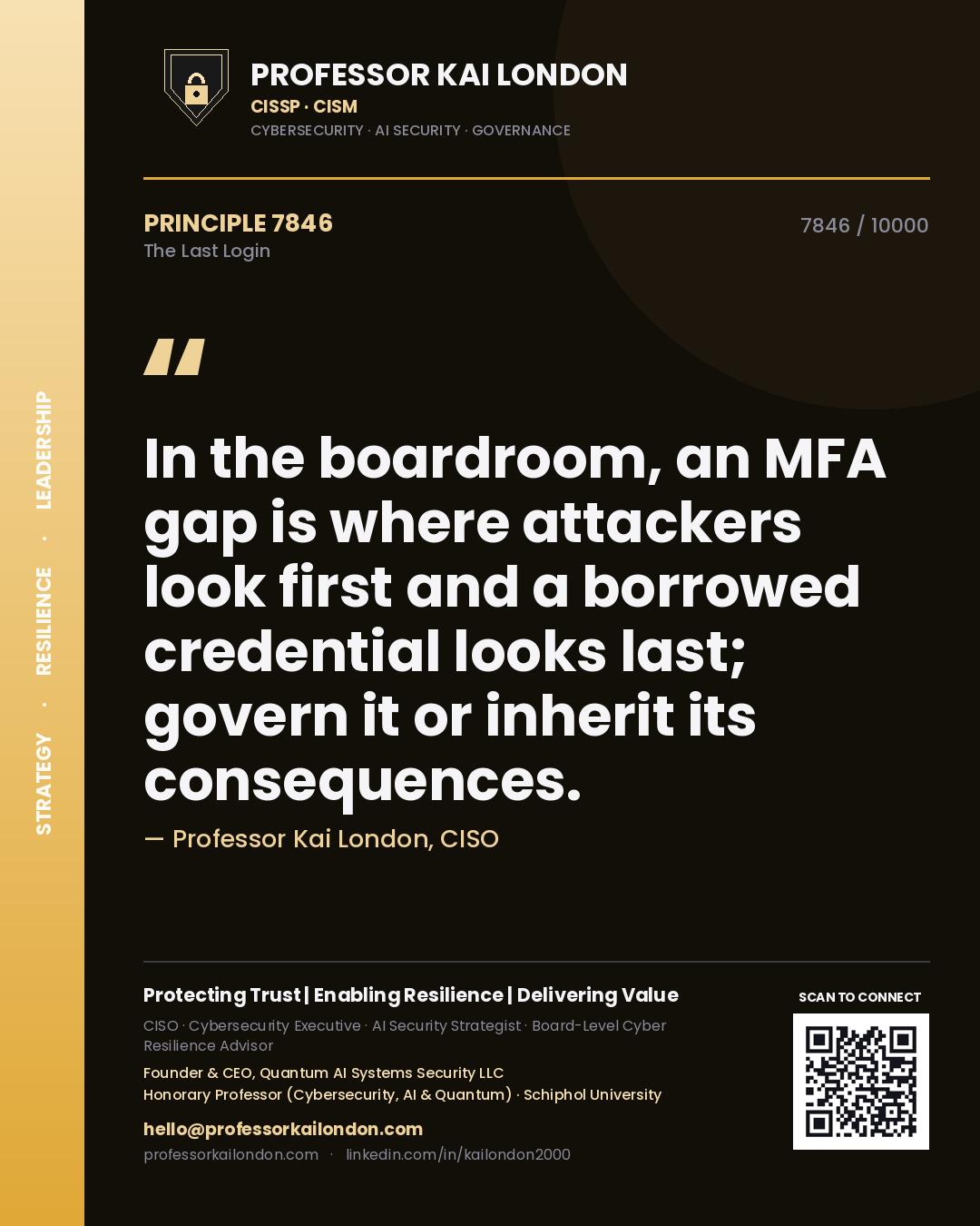 Quote card by Professor Kai London reading 'In the boardroom, an MFA gap is where attackers look first and a borrowed credential looks last; govern it or inherit its consequences.'. From the book The Last Login.