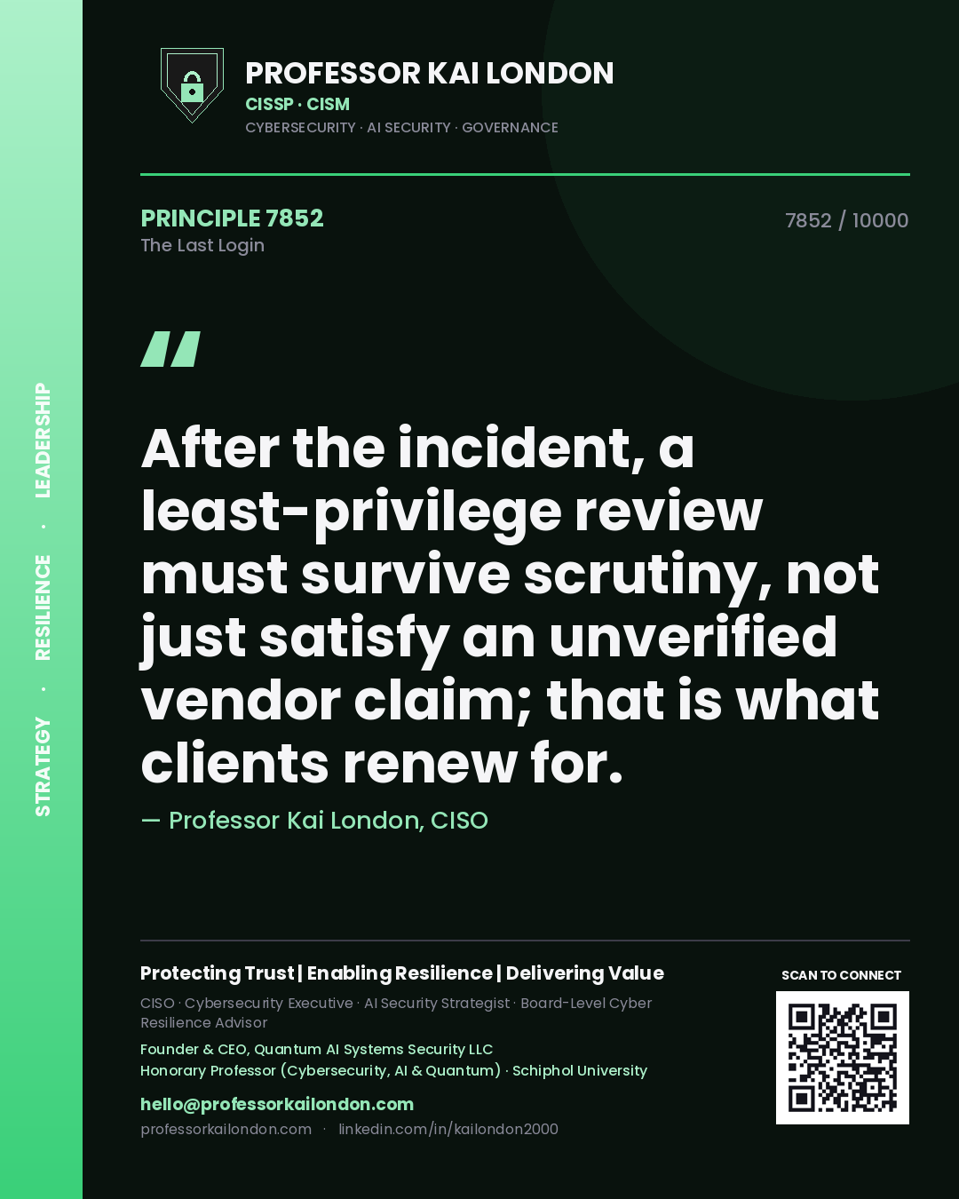 Quote card by Professor Kai London reading 'After the incident, a least-privilege review must survive scrutiny, not just satisfy an unverified vendor claim; that is what clients renew for.'. From the book The Last Login.