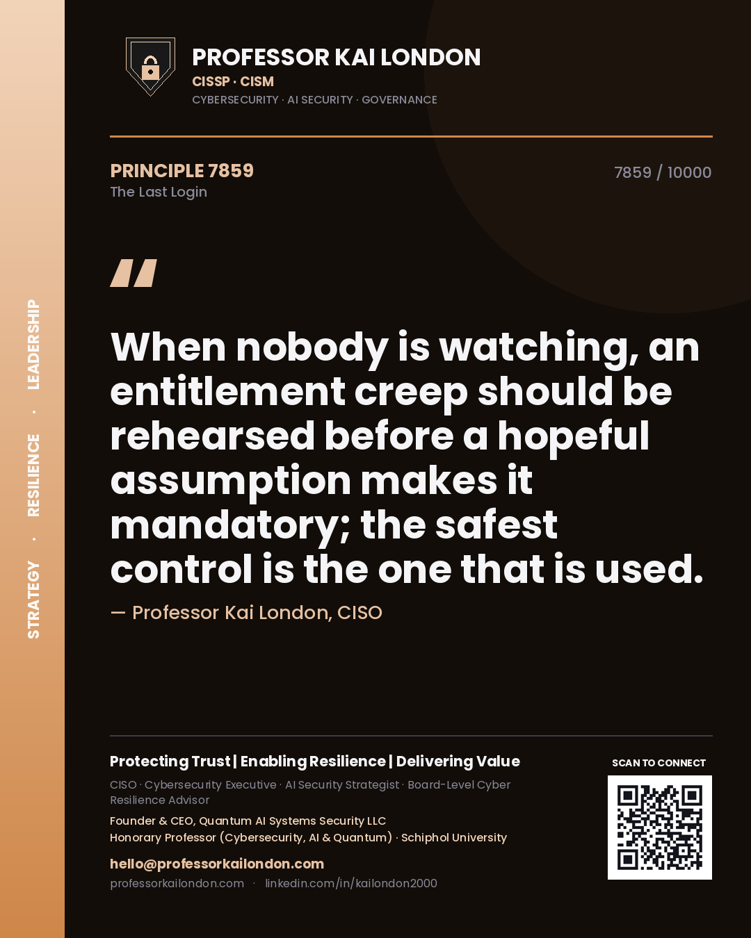 Quote card by Professor Kai London reading 'When nobody is watching, an entitlement creep should be rehearsed before a hopeful assumption makes it mandatory; the safest control is the one that is used.'. From the book The Last Login.