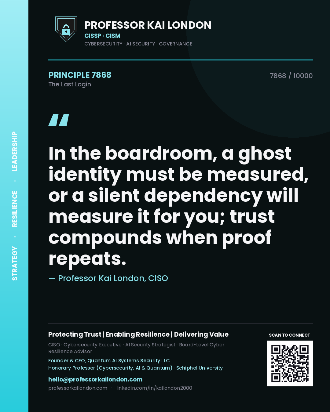 Quote card by Professor Kai London reading 'In the boardroom, a ghost identity must be measured, or a silent dependency will measure it for you; trust compounds when proof repeats.'. From the book The Last Login.