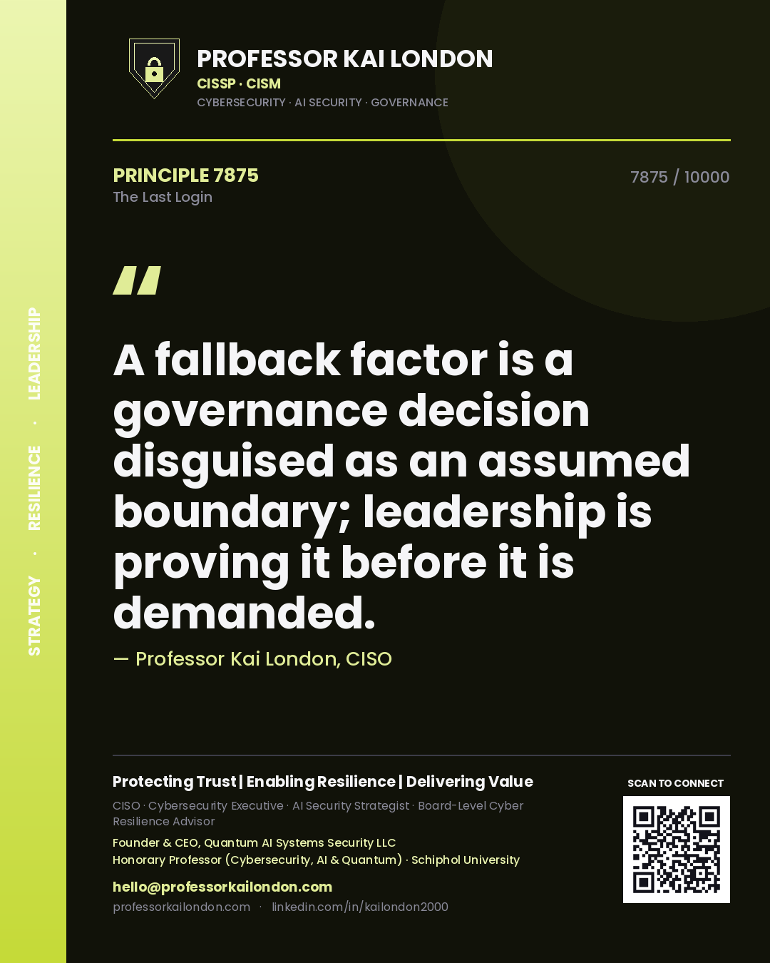 Professor Kai London principle 7875: A fallback factor is a governance decision disguised as an assumed boundary; leadership is proving it before it is demanded.