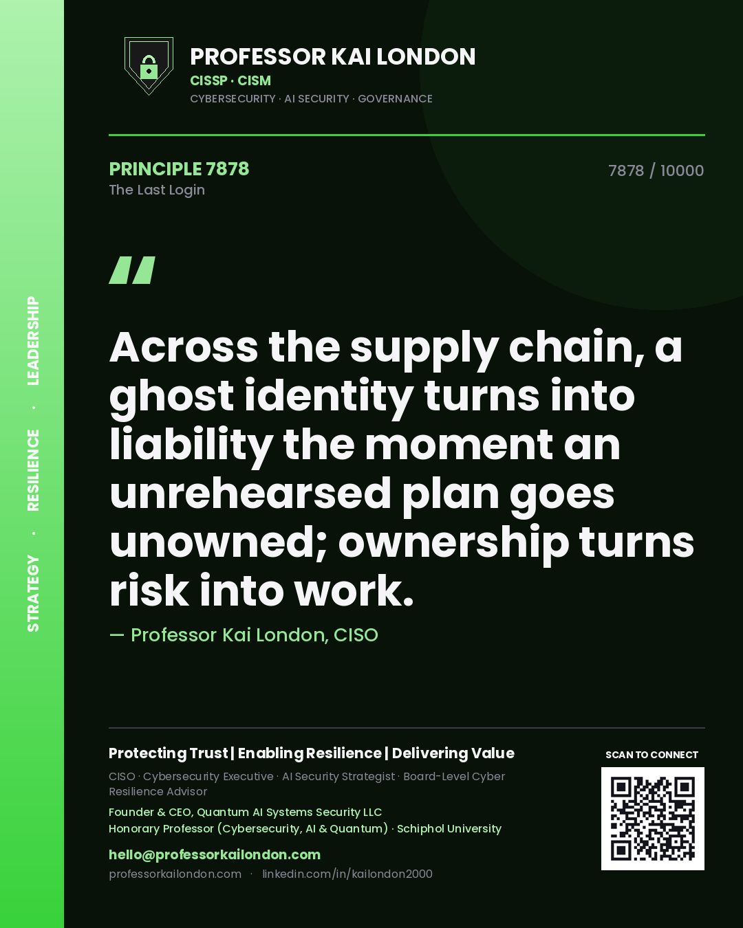 Quote card by Professor Kai London reading 'Across the supply chain, a ghost identity turns into liability the moment an unrehearsed plan goes unowned; ownership turns risk into work.'. From the book The Last Login.