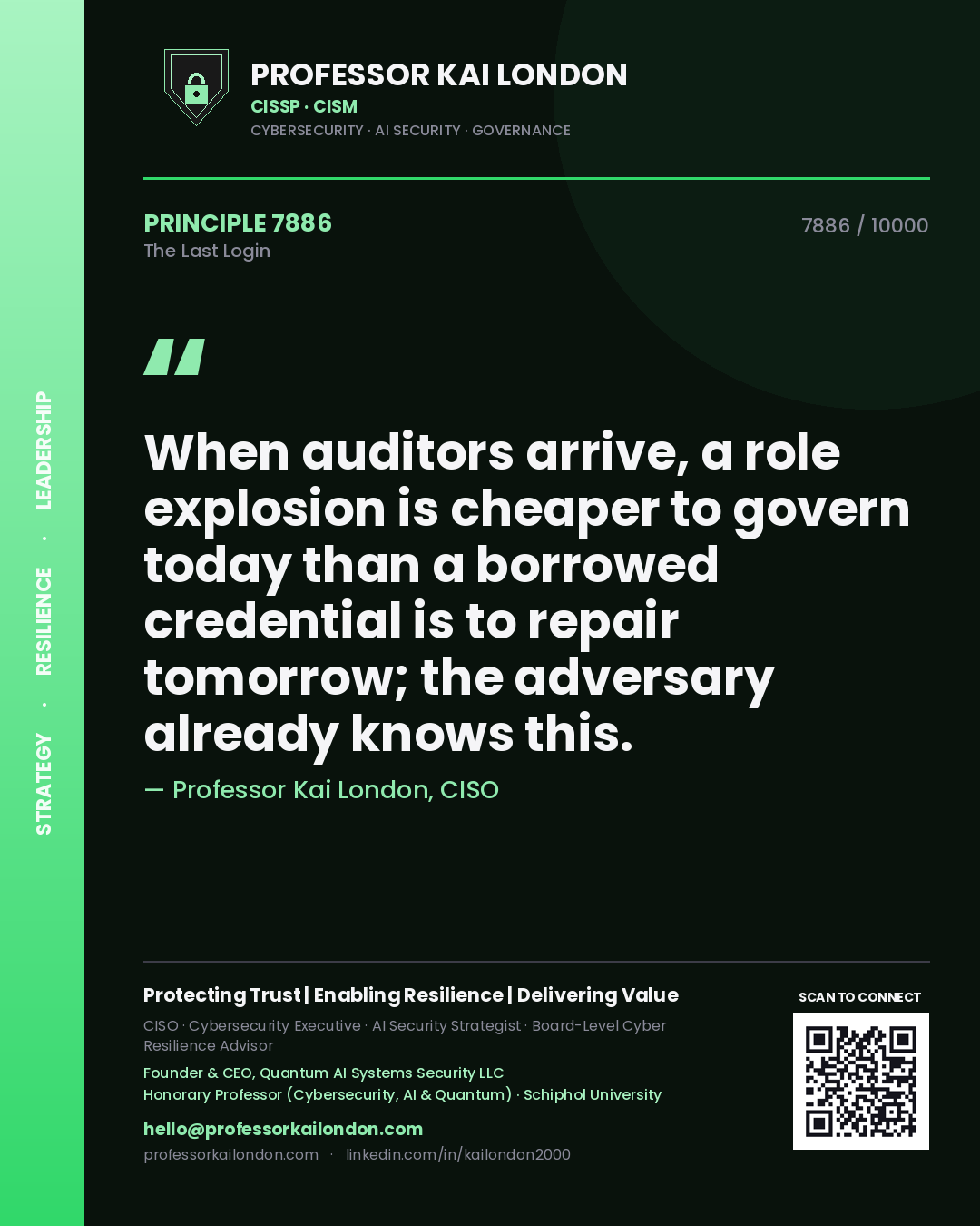 Professor Kai London principle 7886: When auditors arrive, a role explosion is cheaper to govern today than a borrowed credential is to repair tomorrow; the adversary already knows this.