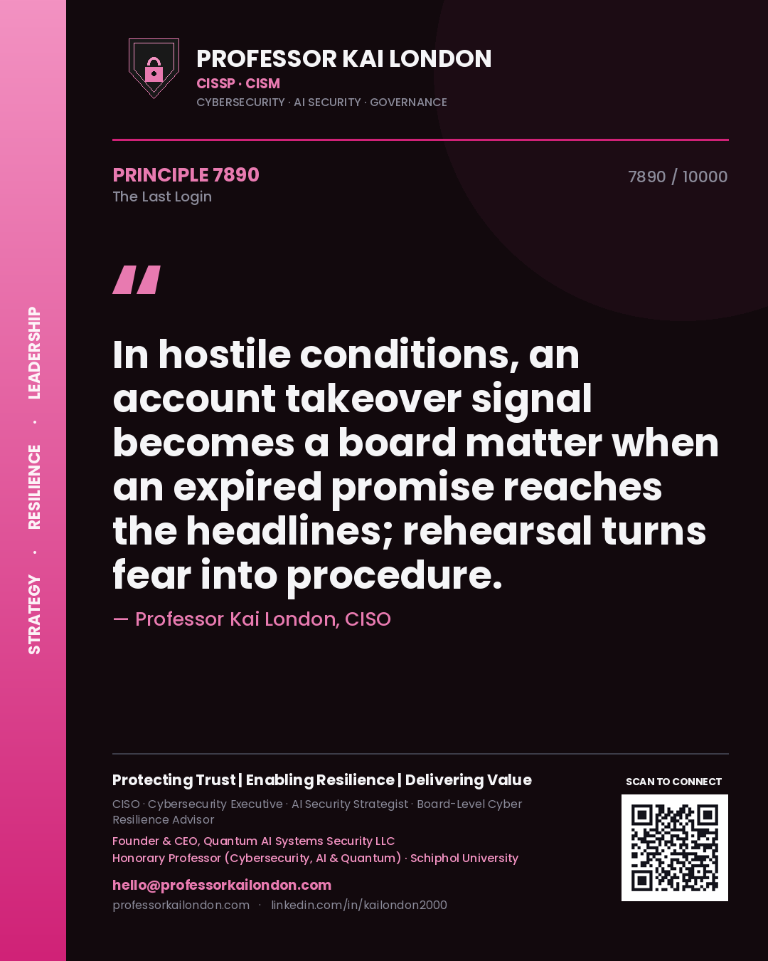 Professor Kai London principle 7890: In hostile conditions, an account takeover signal becomes a board matter when an expired promise reaches the headlines; rehearsal turns fear into procedure.