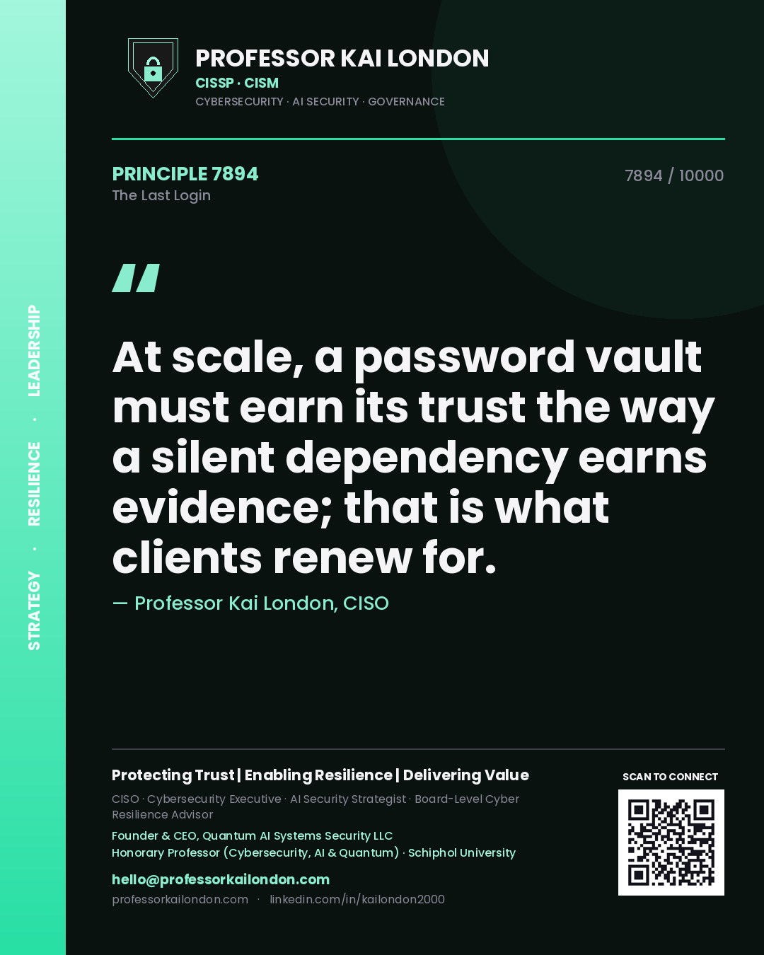 Professor Kai London principle 7894: At scale, a password vault must earn its trust the way a silent dependency earns evidence; that is what clients renew for.