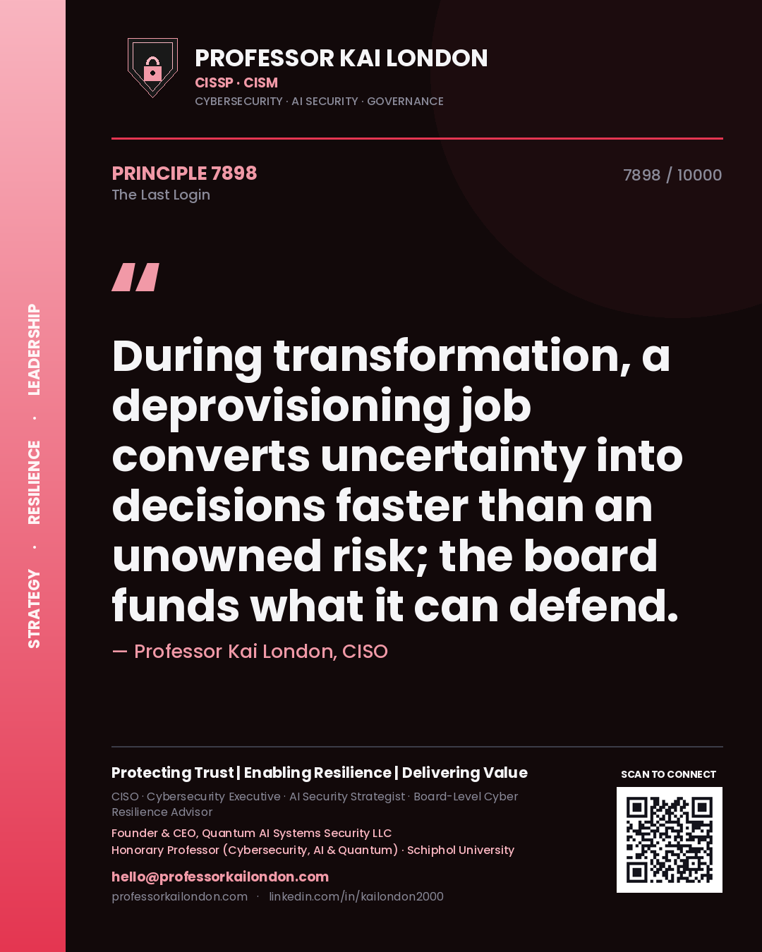 Quote card by Professor Kai London reading 'During transformation, a deprovisioning job converts uncertainty into decisions faster than an unowned risk; the board funds what it can defend.'. From the book The Last Login.
