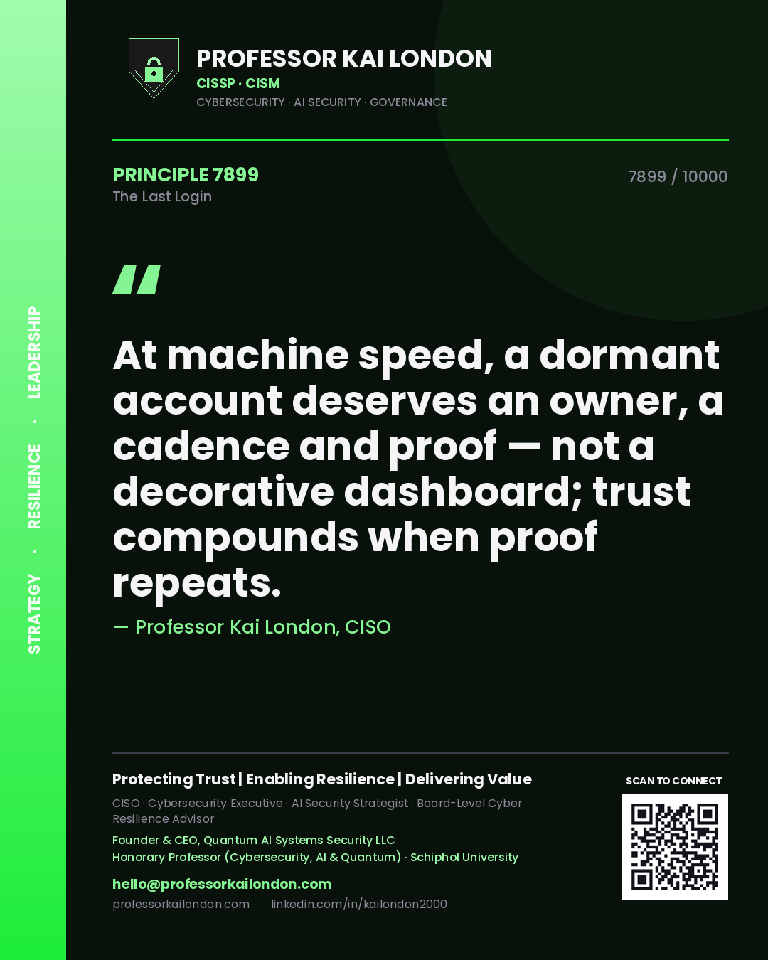 Professor Kai London principle 7899: At machine speed, a dormant account deserves an owner, a cadence and proof — not a decorative dashboard; trust compounds when proof repeats.