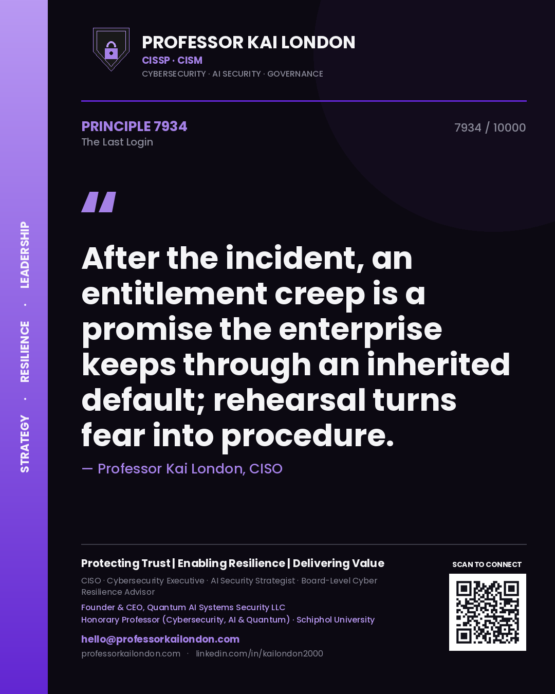Professor Kai London principle 7934: After the incident, an entitlement creep is a promise the enterprise keeps through an inherited default; rehearsal turns fear into procedure.