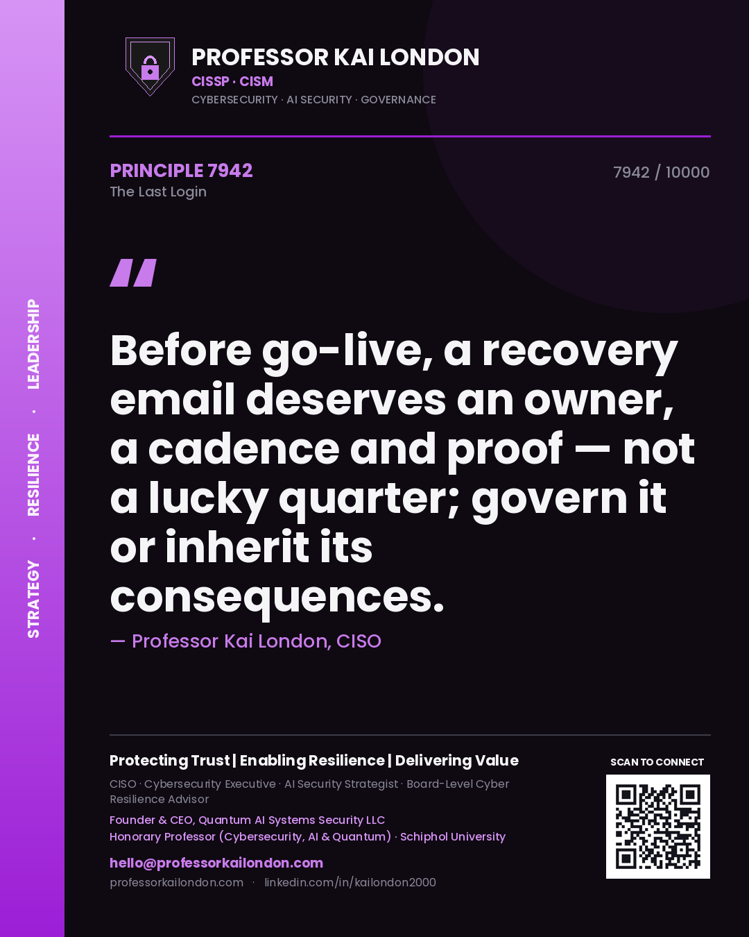 Quote card by Professor Kai London reading 'Before go-live, a recovery email deserves an owner, a cadence and proof — not a lucky quarter; govern it or inherit its consequences.'. From the book The Last Login.