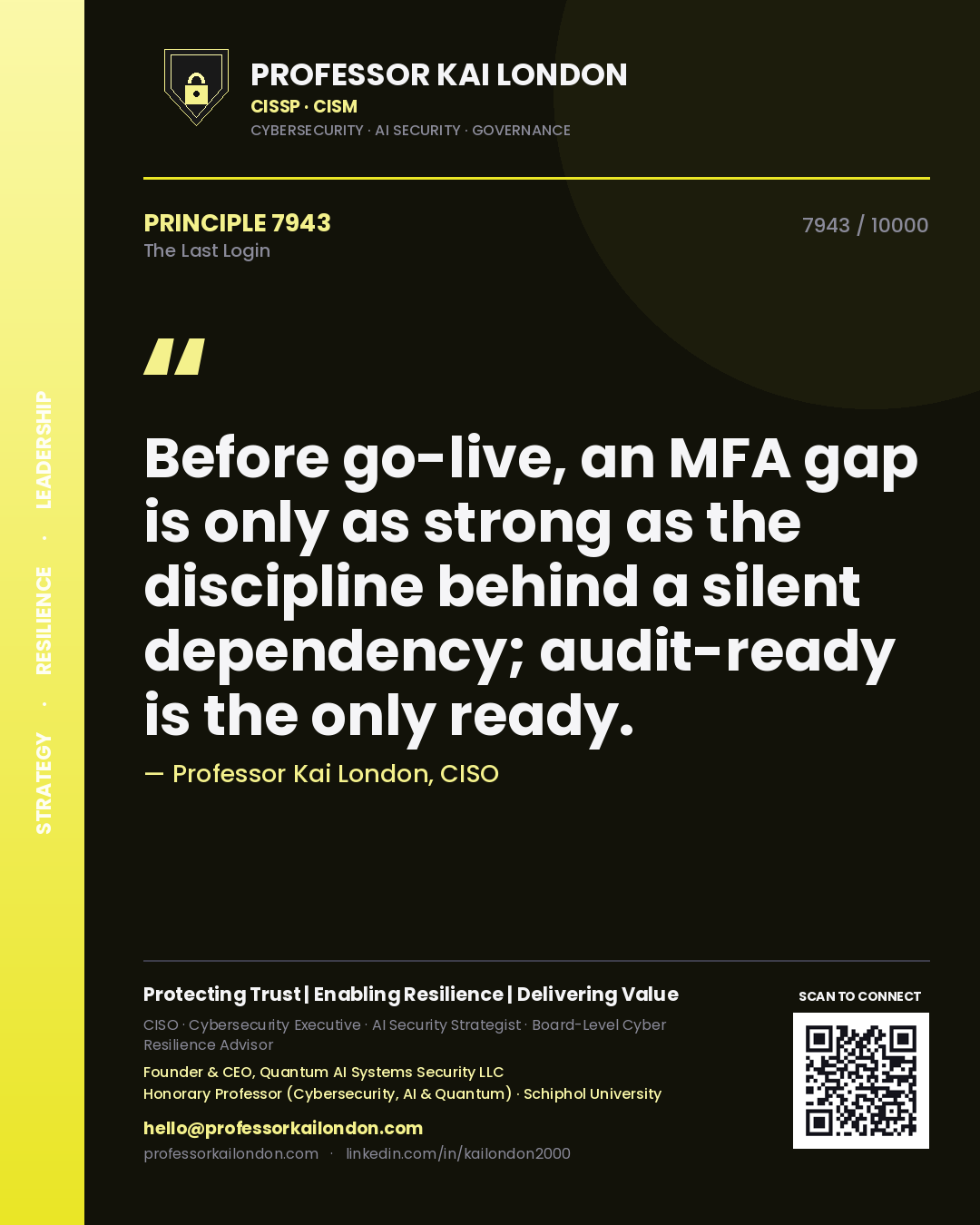 Quote card by Professor Kai London reading 'Before go-live, an MFA gap is only as strong as the discipline behind a silent dependency; audit-ready is the only ready.'. From the book The Last Login.