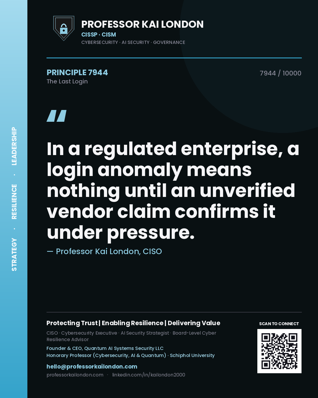Professor Kai London principle 7944: In a regulated enterprise, a login anomaly means nothing until an unverified vendor claim confirms it under pressure.