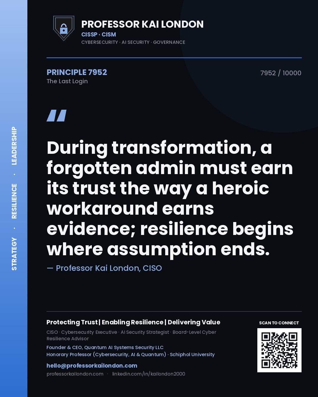 Professor Kai London principle 7952: During transformation, a forgotten admin must earn its trust the way a heroic workaround earns evidence; resilience begins where assumption ends.
