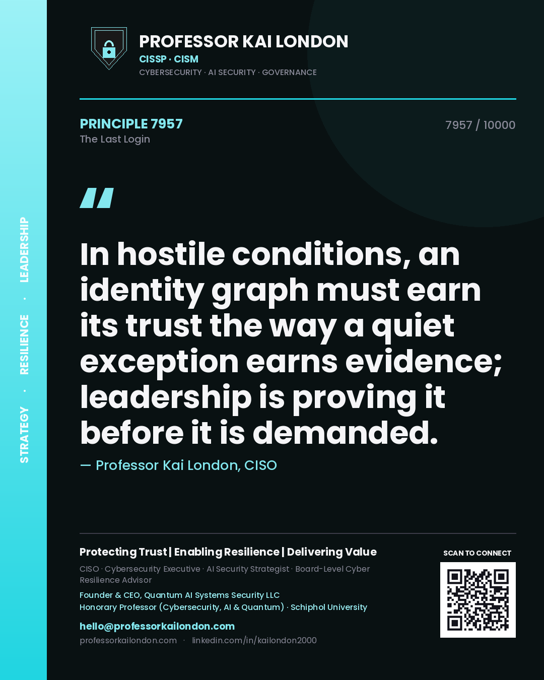 Quote card by Professor Kai London reading 'In hostile conditions, an identity graph must earn its trust the way a quiet exception earns evidence; leadership is proving it before it is demanded.'. From the book The Last Login.