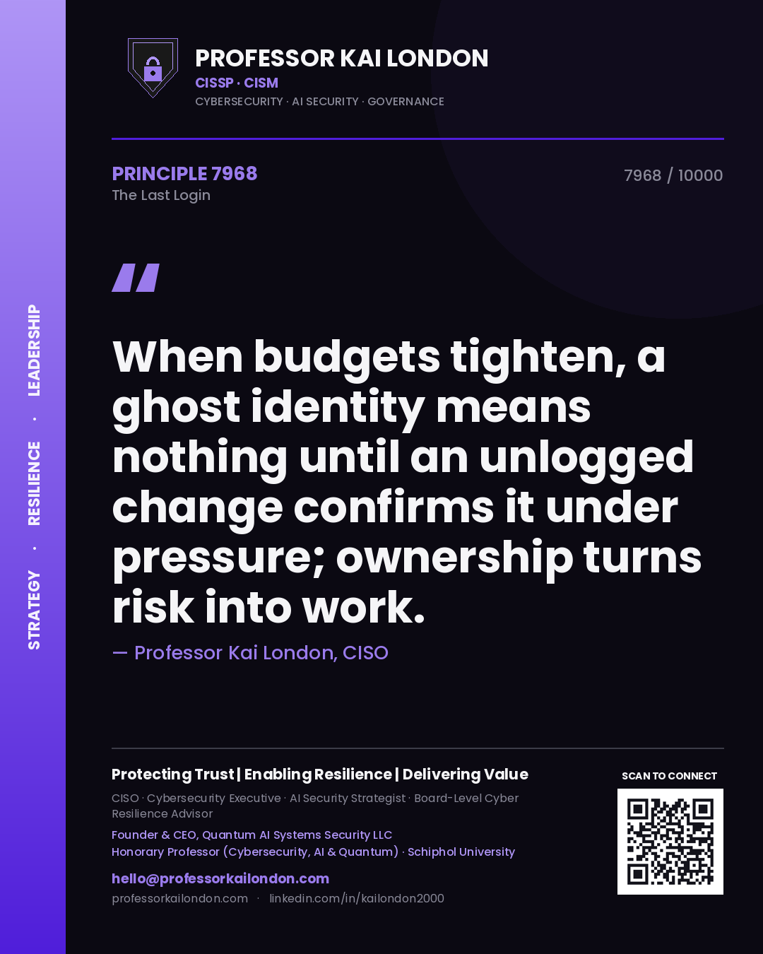 Professor Kai London principle 7968: When budgets tighten, a ghost identity means nothing until an unlogged change confirms it under pressure; ownership turns risk into work.