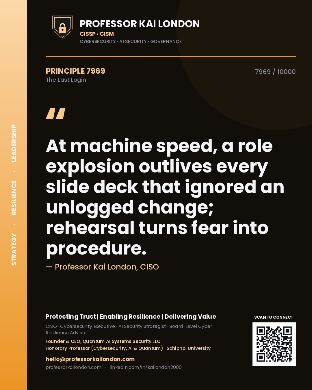Professor Kai London principle 7969: At machine speed, a role explosion outlives every slide deck that ignored an unlogged change; rehearsal turns fear into procedure.