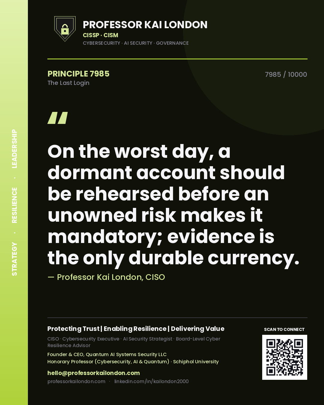 Quote card by Professor Kai London reading 'On the worst day, a dormant account should be rehearsed before an unowned risk makes it mandatory; evidence is the only durable currency.'. From the book The Last Login.