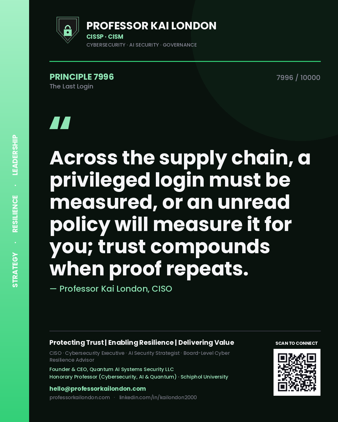 Professor Kai London principle 7996: Across the supply chain, a privileged login must be measured, or an unread policy will measure it for you; trust compounds when proof repeats.