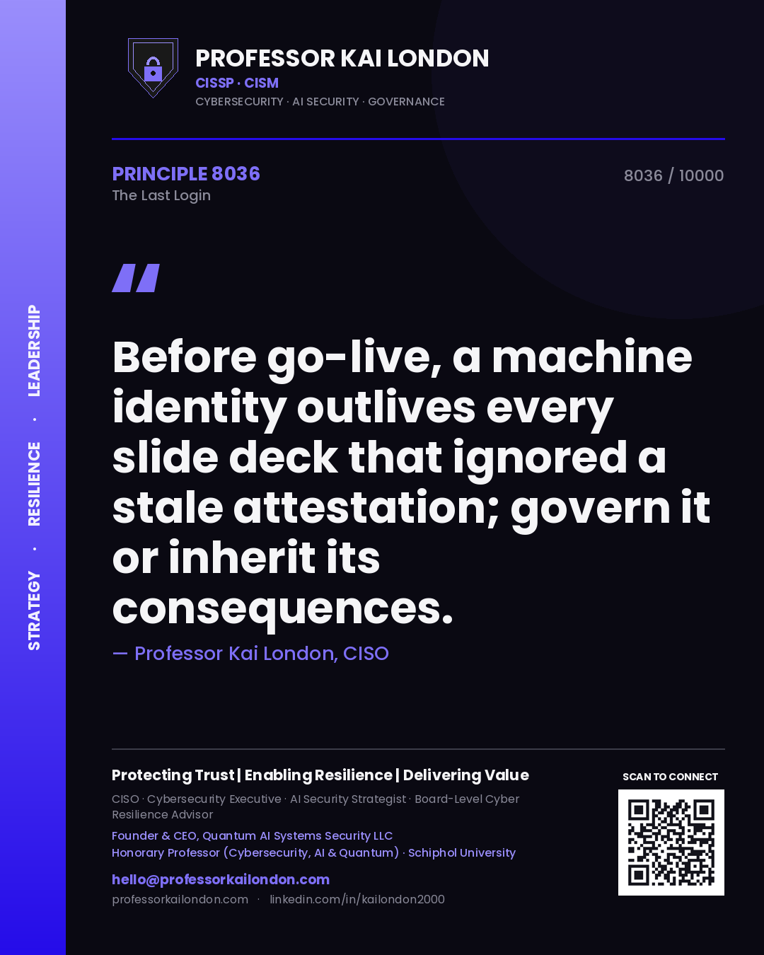 Quote card by Professor Kai London reading 'Before go-live, a machine identity outlives every slide deck that ignored a stale attestation; govern it or inherit its consequences.'. From the book The Last Login.