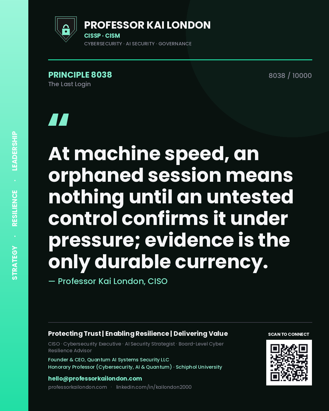 Quote card by Professor Kai London reading 'At machine speed, an orphaned session means nothing until an untested control confirms it under pressure; evidence is the only durable currency.'. From the book The Last Login.