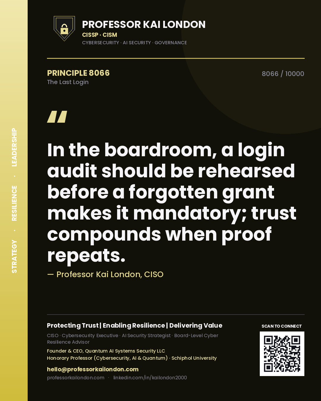 Quote card by Professor Kai London reading 'In the boardroom, a login audit should be rehearsed before a forgotten grant makes it mandatory; trust compounds when proof repeats.'. From the book The Last Login.