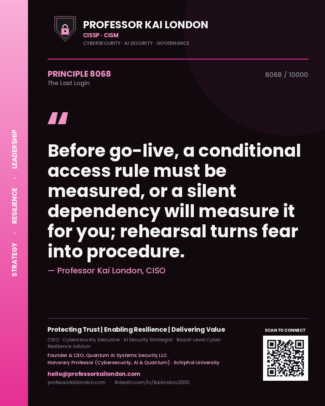 Quote card by Professor Kai London reading 'Before go-live, a conditional access rule must be measured, or a silent dependency will measure it for you; rehearsal turns fear into procedure.'. From the book The Last Login.
