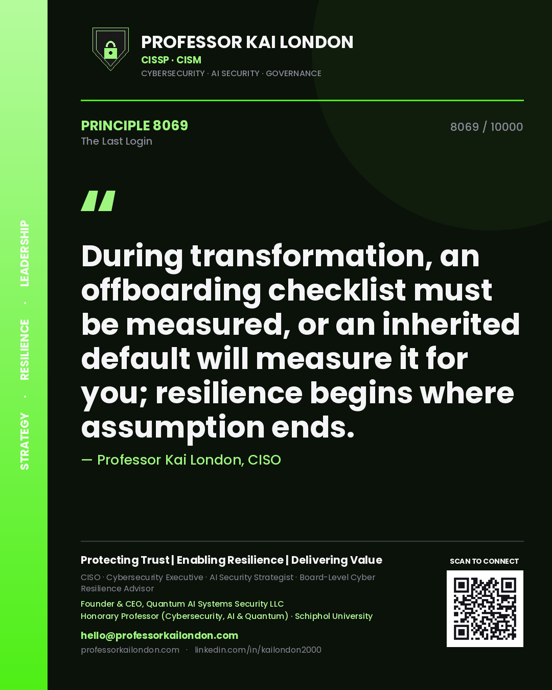 Quote card by Professor Kai London reading 'During transformation, an offboarding checklist must be measured, or an inherited default will measure it for you; resilience begins where assumption ends.'. From the book The Last Login.