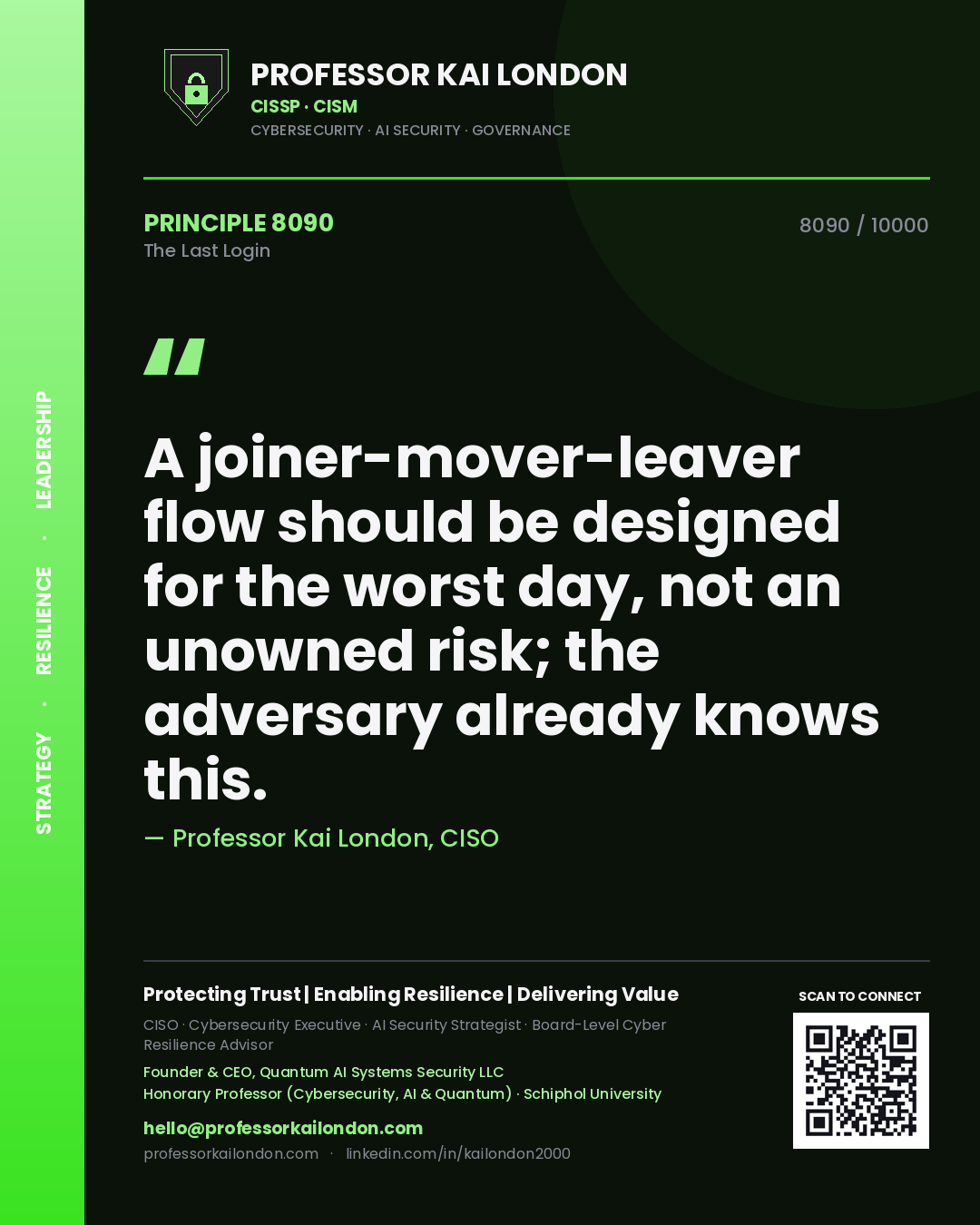 Quote card by Professor Kai London reading 'A joiner-mover-leaver flow should be designed for the worst day, not an unowned risk; the adversary already knows this.'. From the book The Last Login.