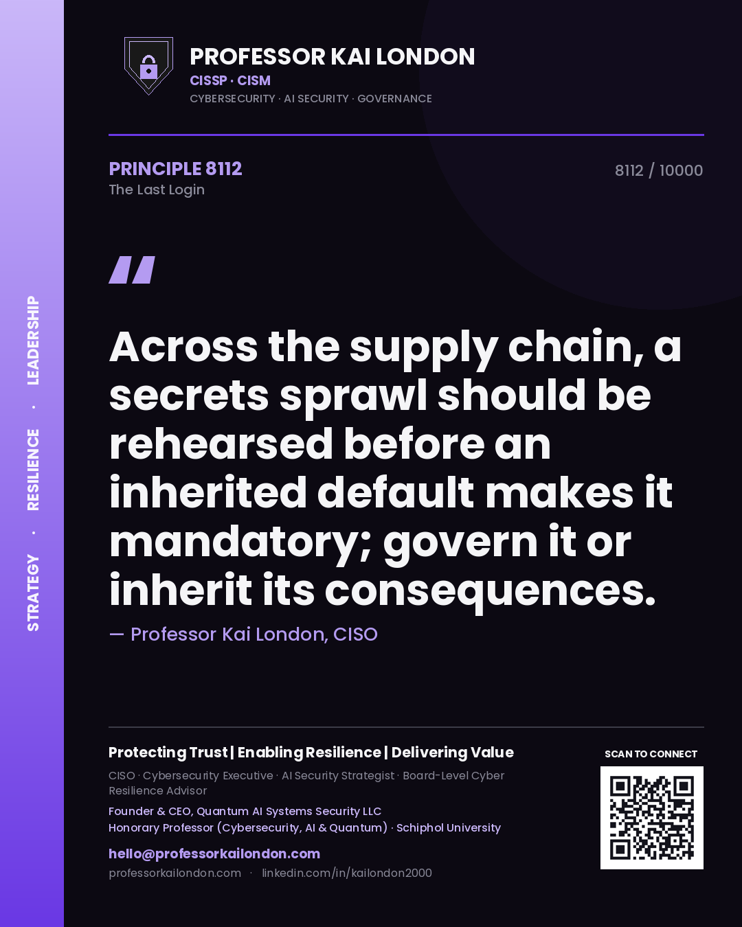 Professor Kai London principle 8112: Across the supply chain, a secrets sprawl should be rehearsed before an inherited default makes it mandatory; govern it or inherit its consequences.