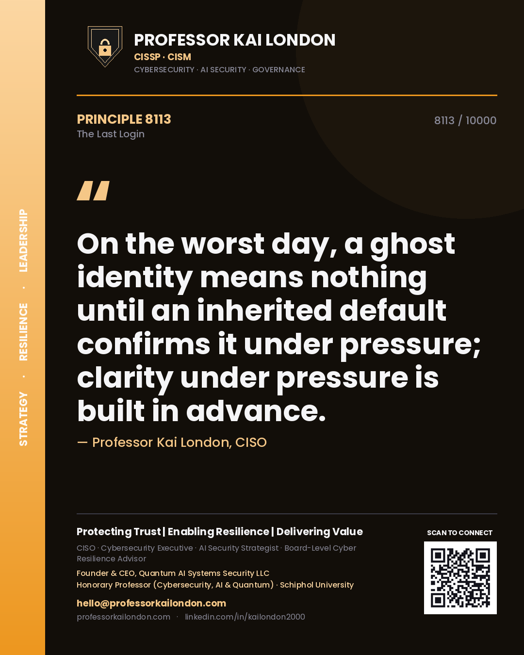Quote card by Professor Kai London reading 'On the worst day, a ghost identity means nothing until an inherited default confirms it under pressure; clarity under pressure is built in advance.'. From the book The Last Login.