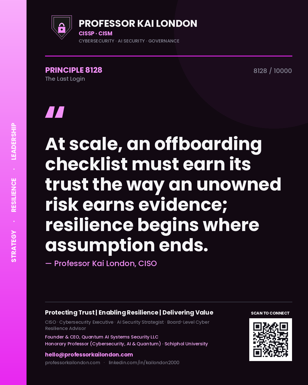 Professor Kai London principle 8128: At scale, an offboarding checklist must earn its trust the way an unowned risk earns evidence; resilience begins where assumption ends.