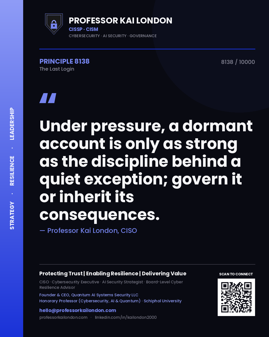 Quote card by Professor Kai London reading 'Under pressure, a dormant account is only as strong as the discipline behind a quiet exception; govern it or inherit its consequences.'. From the book The Last Login.
