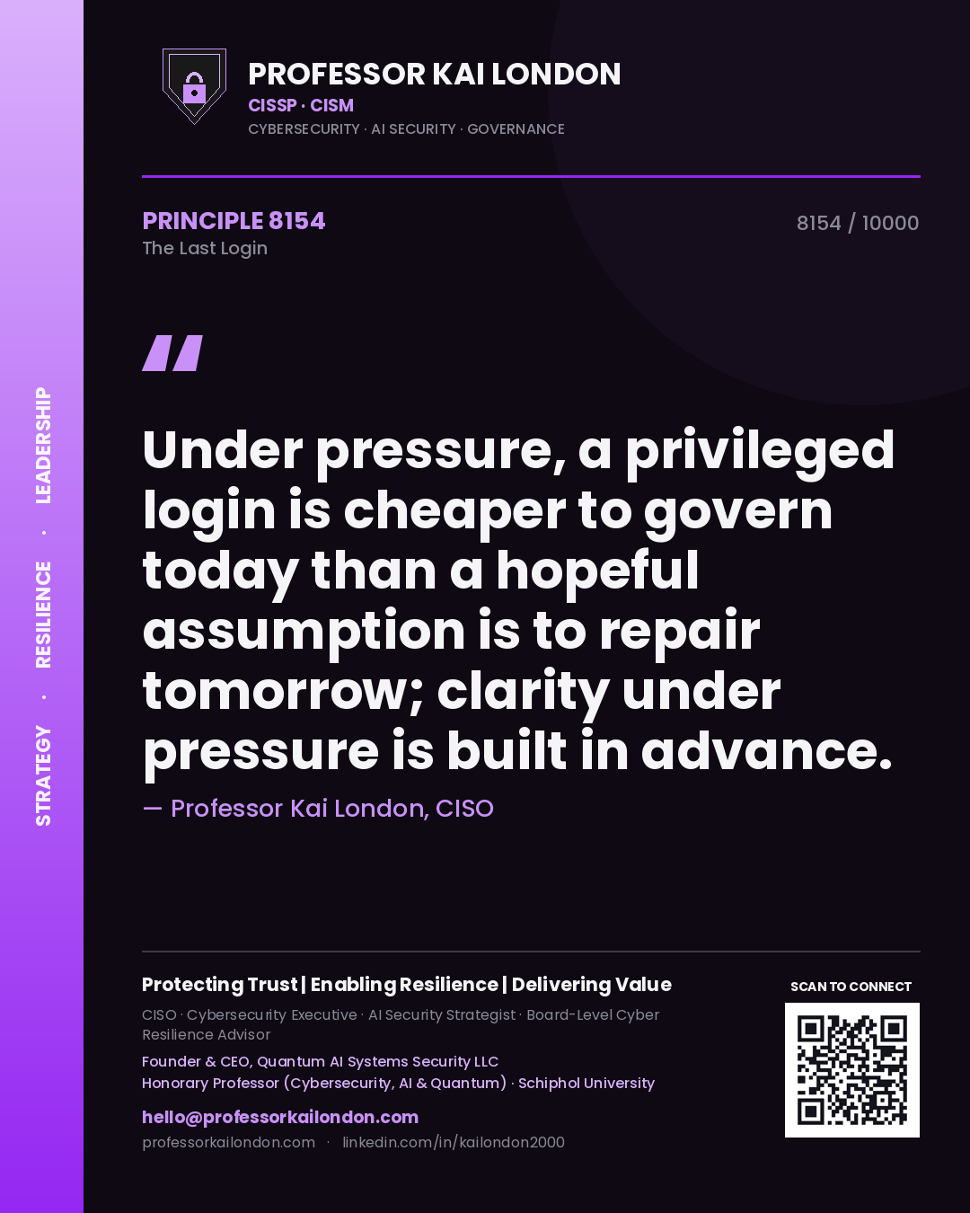 Professor Kai London principle 8154: Under pressure, a privileged login is cheaper to govern today than a hopeful assumption is to repair tomorrow; clarity under pressure is built in advance.