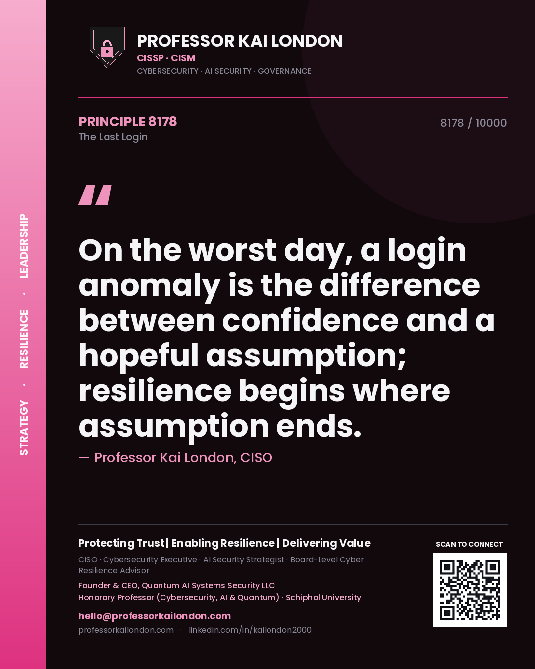 Quote card by Professor Kai London reading 'On the worst day, a login anomaly is the difference between confidence and a hopeful assumption; resilience begins where assumption ends.'. From the book The Last Login.