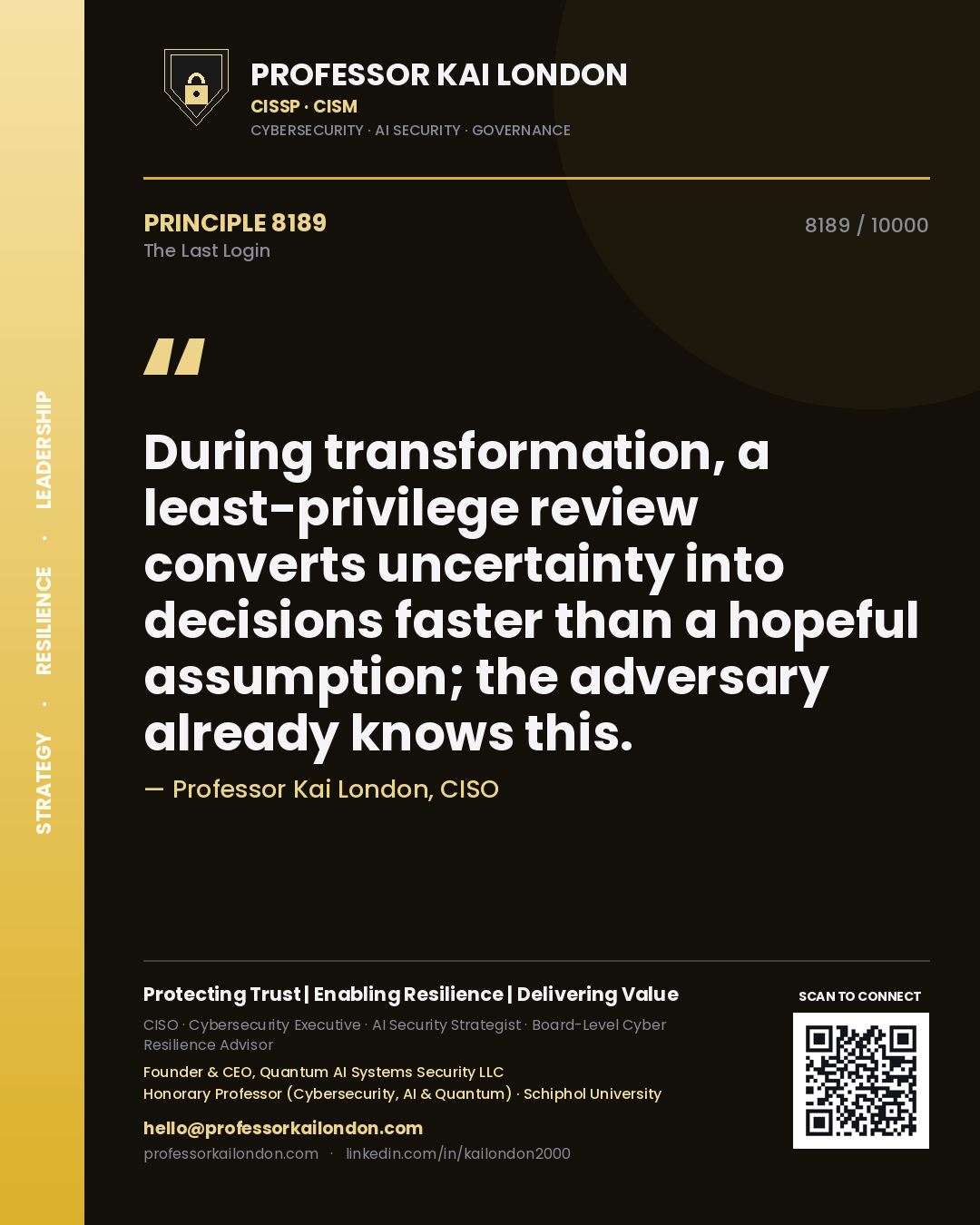 Quote card by Professor Kai London reading 'During transformation, a least-privilege review converts uncertainty into decisions faster than a hopeful assumption; the adversary already knows this.'. From the book The Last Login.