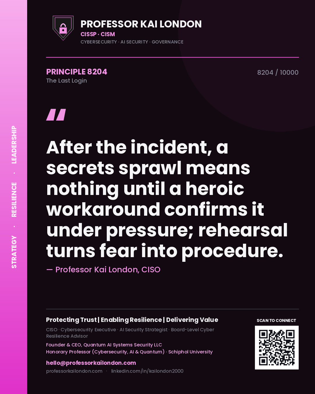 Professor Kai London principle 8204: After the incident, a secrets sprawl means nothing until a heroic workaround confirms it under pressure; rehearsal turns fear into procedure.