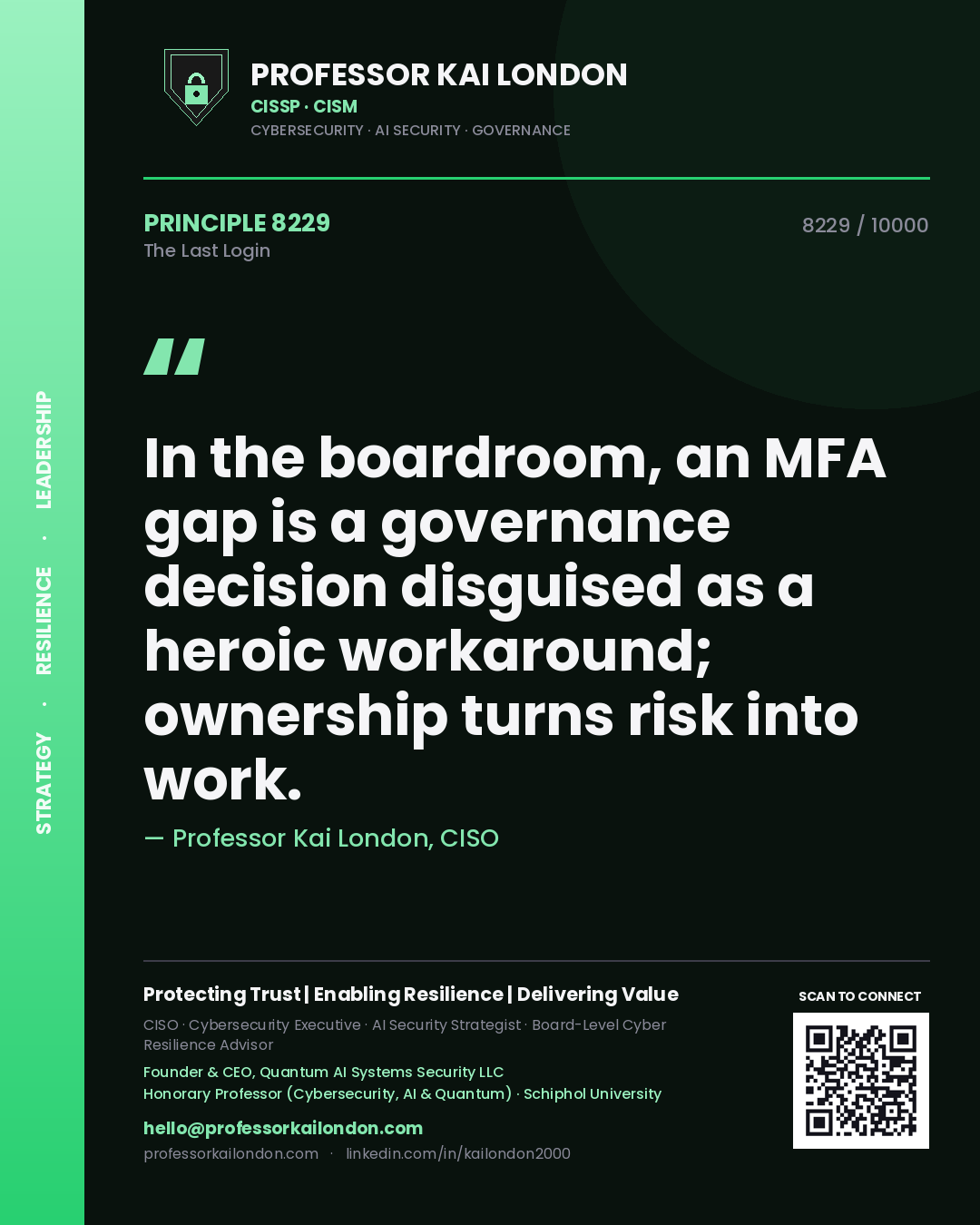 Quote card by Professor Kai London reading 'In the boardroom, an MFA gap is a governance decision disguised as a heroic workaround; ownership turns risk into work.'. From the book The Last Login.