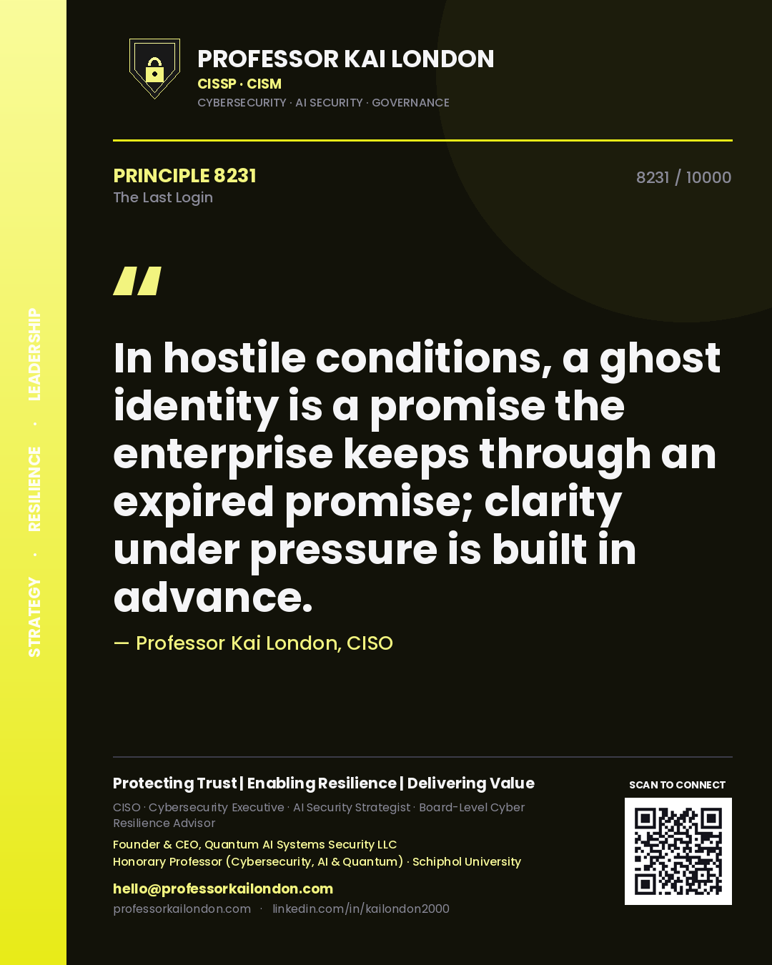 Quote card by Professor Kai London reading 'In hostile conditions, a ghost identity is a promise the enterprise keeps through an expired promise; clarity under pressure is built in advance.'. From the book The Last Login.