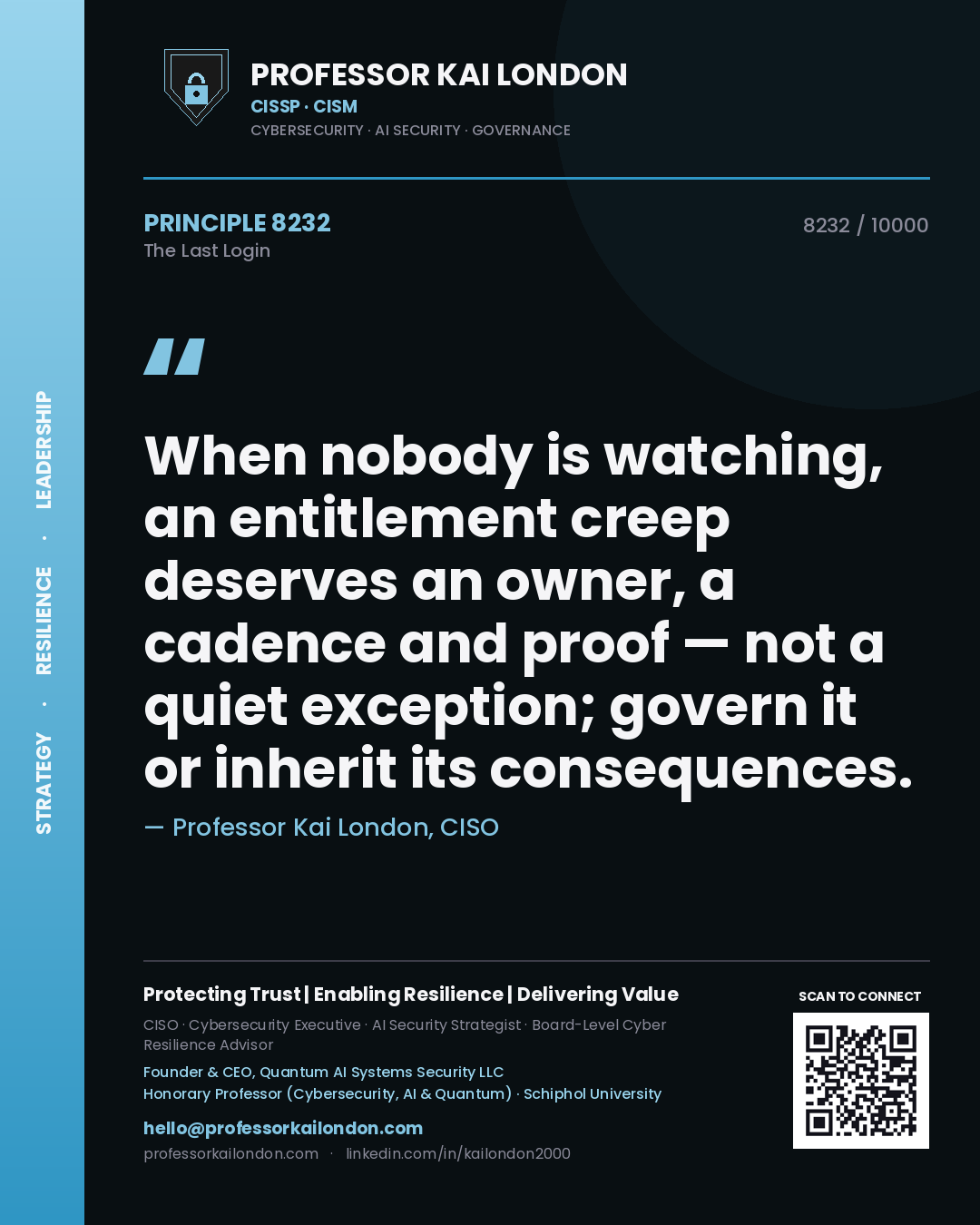 Quote card by Professor Kai London reading 'When nobody is watching, an entitlement creep deserves an owner, a cadence and proof — not a quiet exception; govern it or inherit its consequences.'. From the book The Last Login.