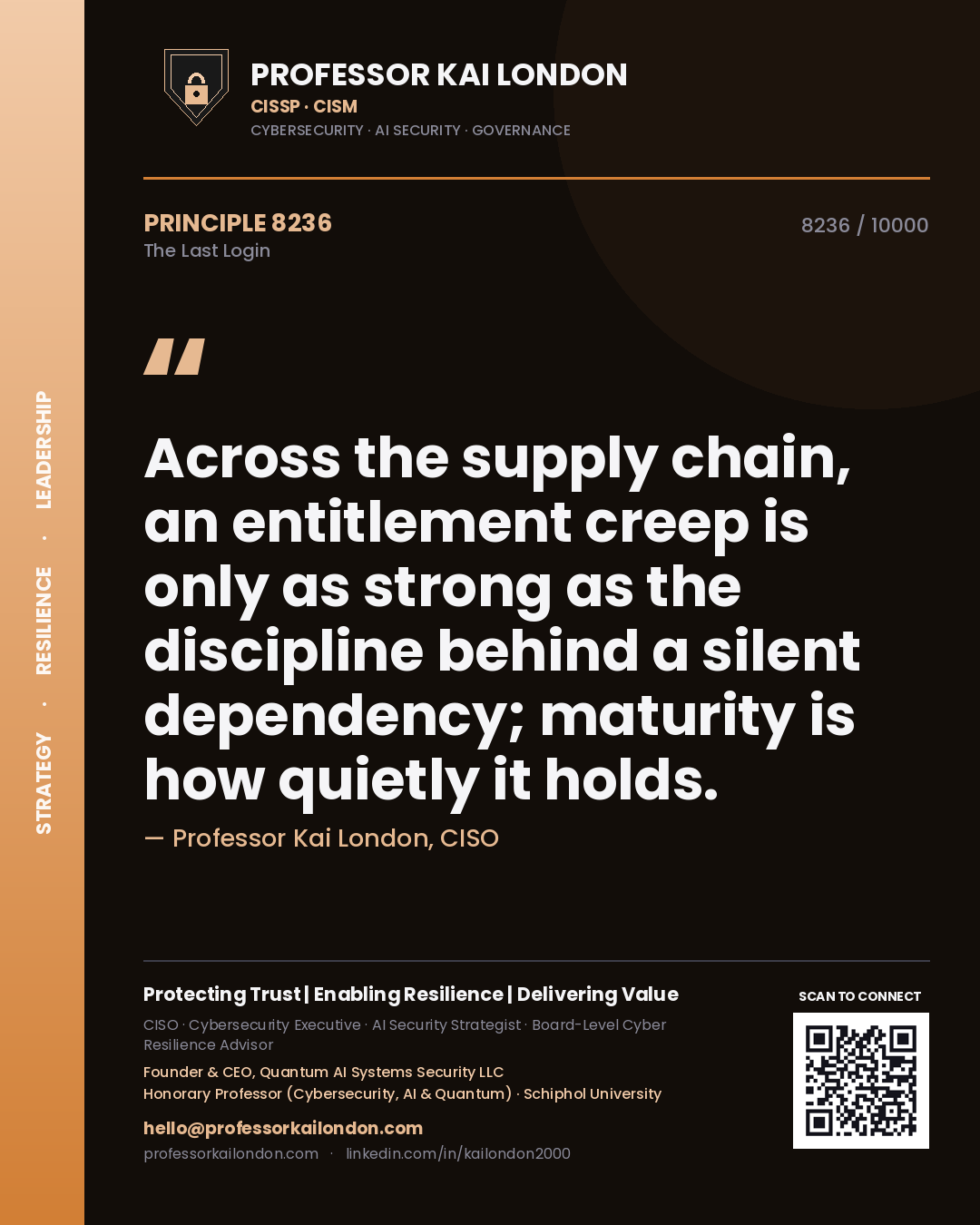 Quote card by Professor Kai London reading 'Across the supply chain, an entitlement creep is only as strong as the discipline behind a silent dependency; maturity is how quietly it holds.'. From the book The Last Login.