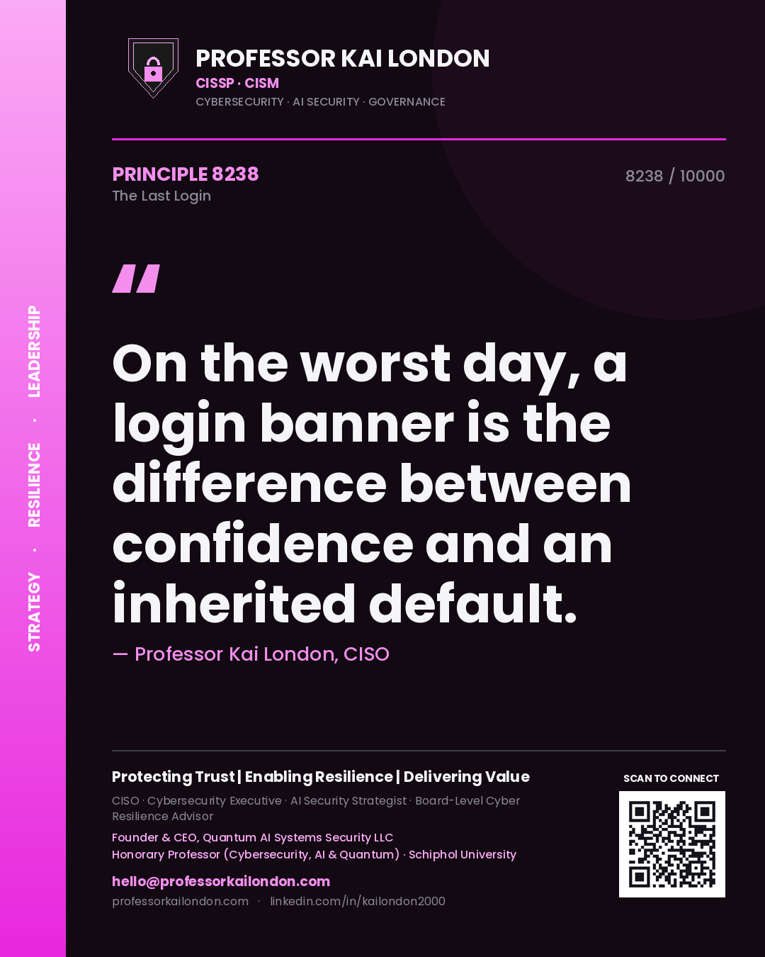 Quote card by Professor Kai London reading 'On the worst day, a login banner is the difference between confidence and an inherited default.'. From the book The Last Login.