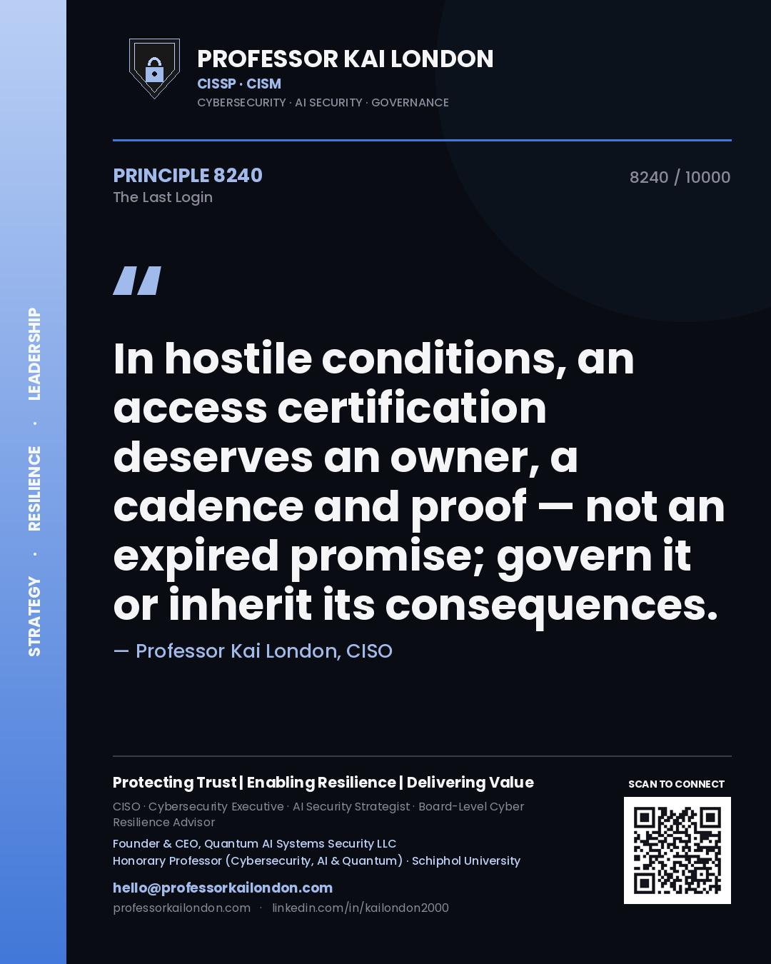 Professor Kai London principle 8240: In hostile conditions, an access certification deserves an owner, a cadence and proof — not an expired promise; govern it or inherit its consequences.