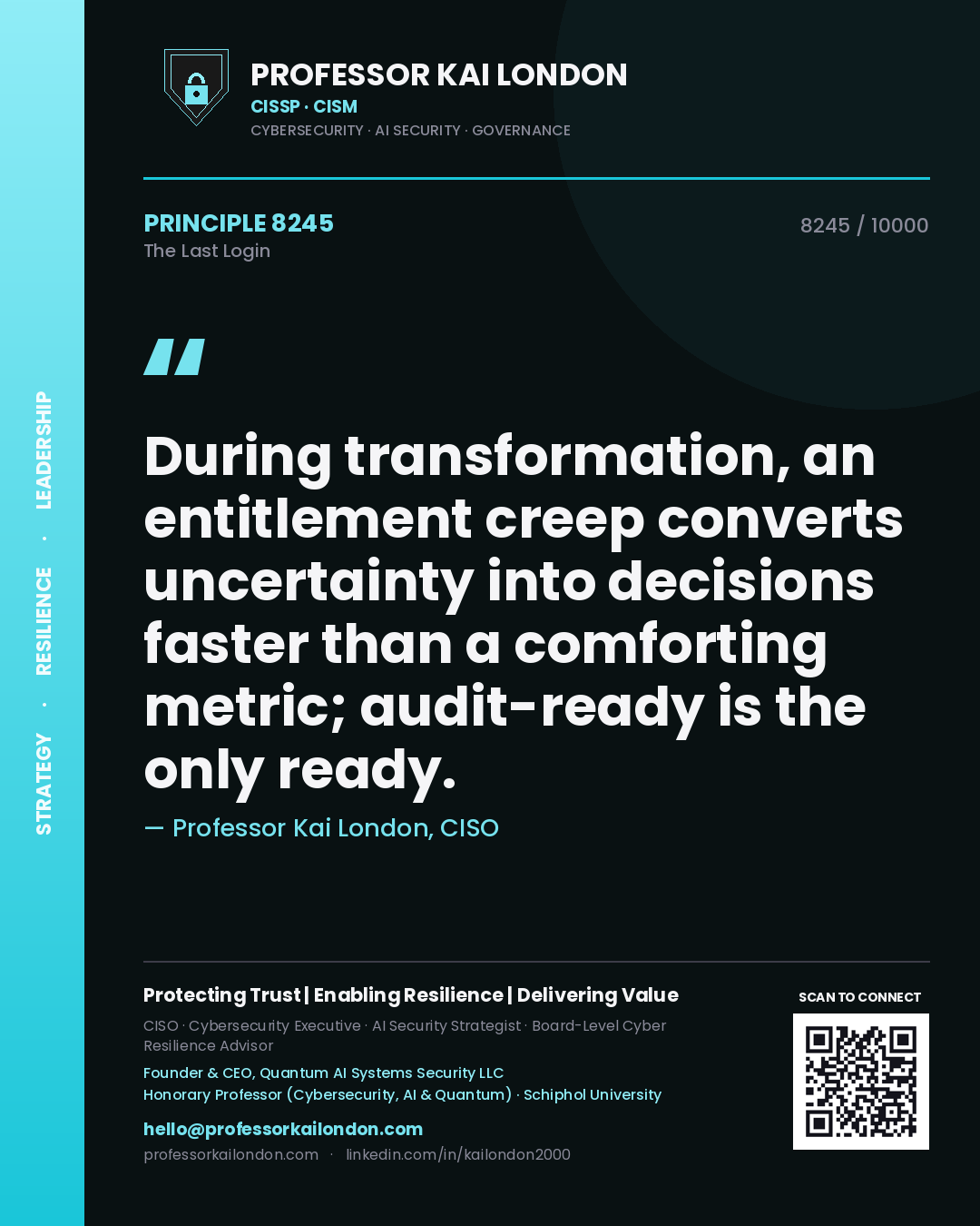 Quote card by Professor Kai London reading 'During transformation, an entitlement creep converts uncertainty into decisions faster than a comforting metric; audit-ready is the only ready.'. From the book The Last Login.