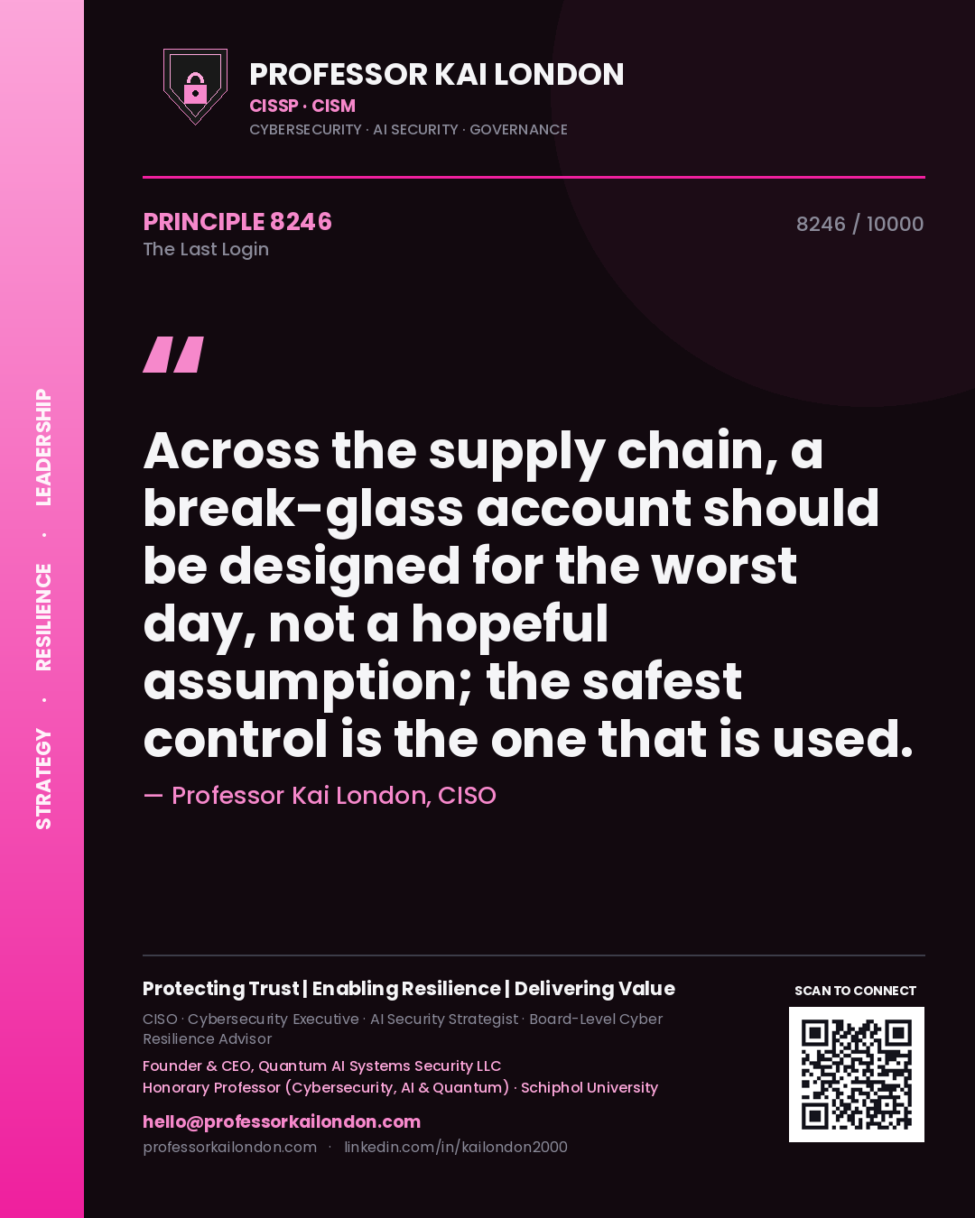 Quote card by Professor Kai London reading 'Across the supply chain, a break-glass account should be designed for the worst day, not a hopeful assumption; the safest control is the one that is used.'. From the book The Last Login.