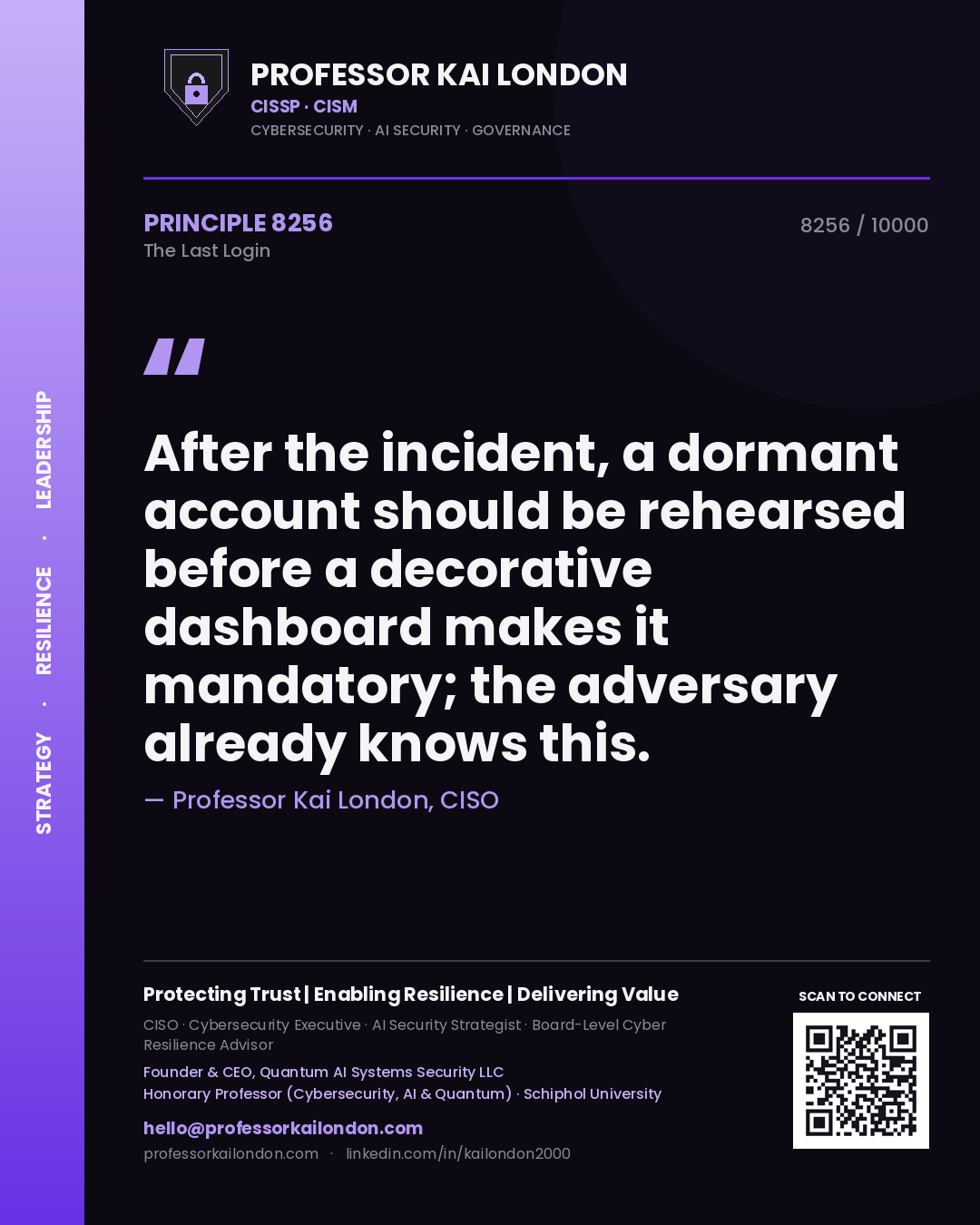 Quote card by Professor Kai London reading 'After the incident, a dormant account should be rehearsed before a decorative dashboard makes it mandatory; the adversary already knows this.'. From the book The Last Login.