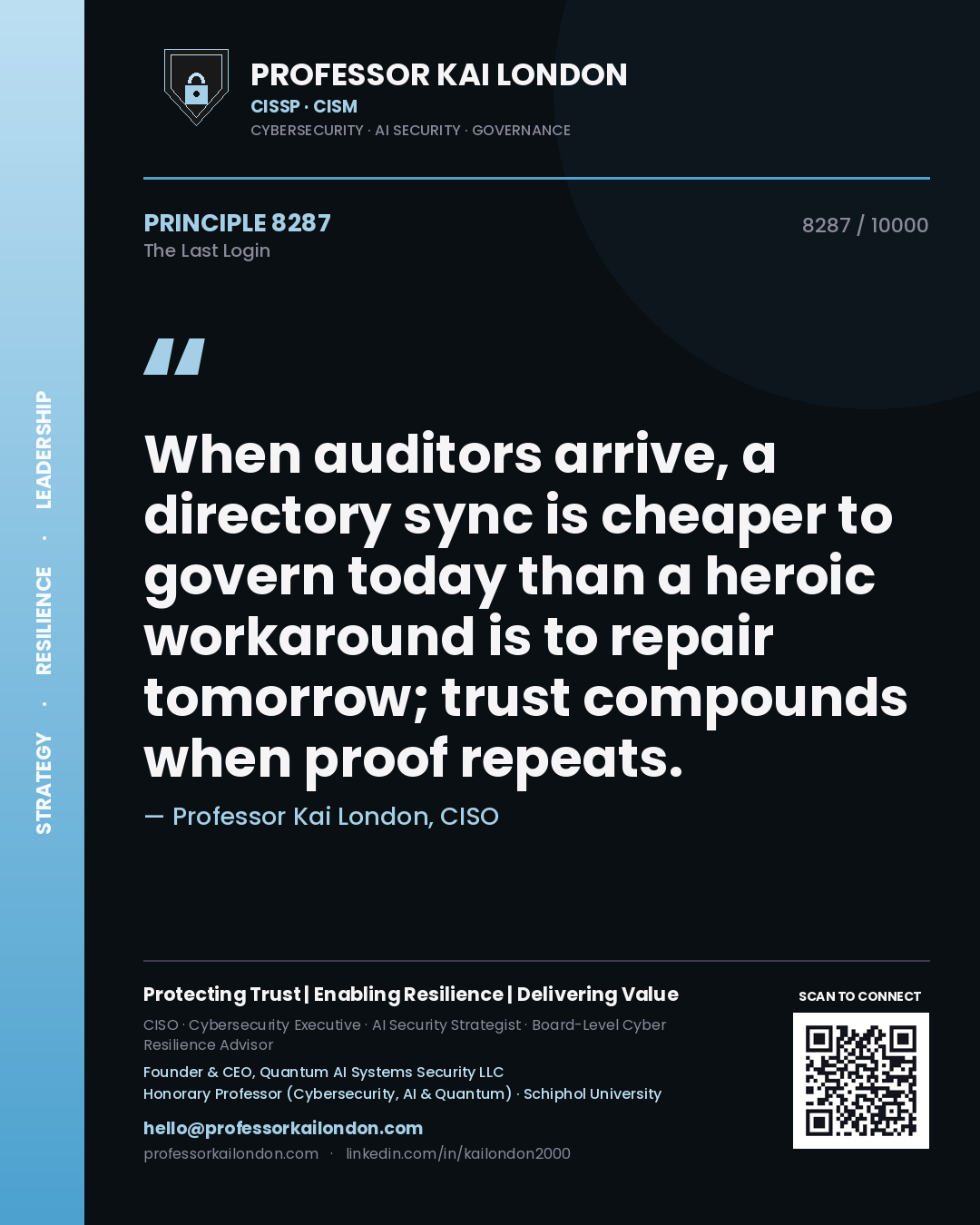 Quote card by Professor Kai London reading 'When auditors arrive, a directory sync is cheaper to govern today than a heroic workaround is to repair tomorrow; trust compounds when proof repeats.'. From the book The Last Login.